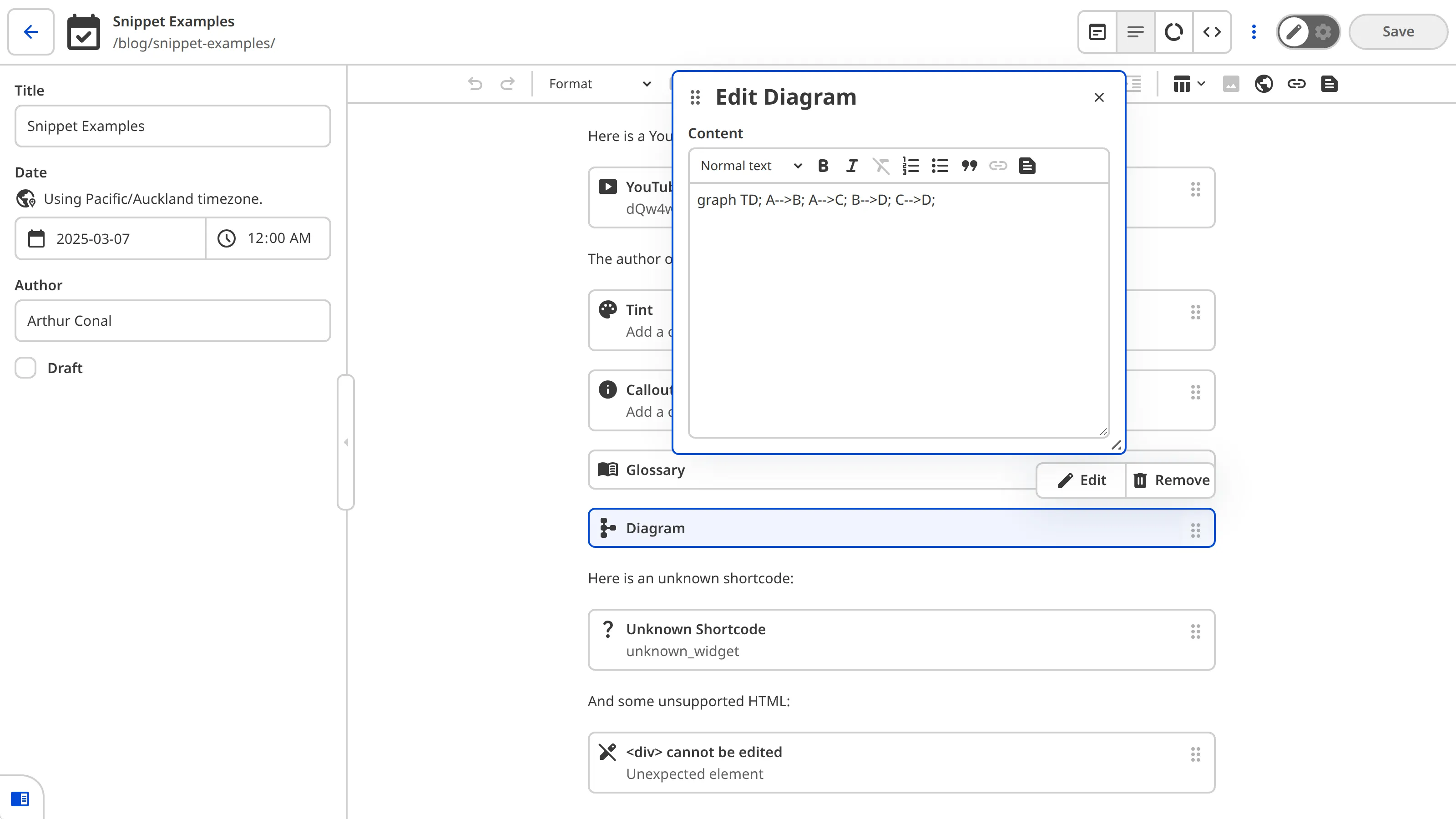 The Content Editor showing a Diagram Snippet block selected with the data editor panel open, displaying the Content input.