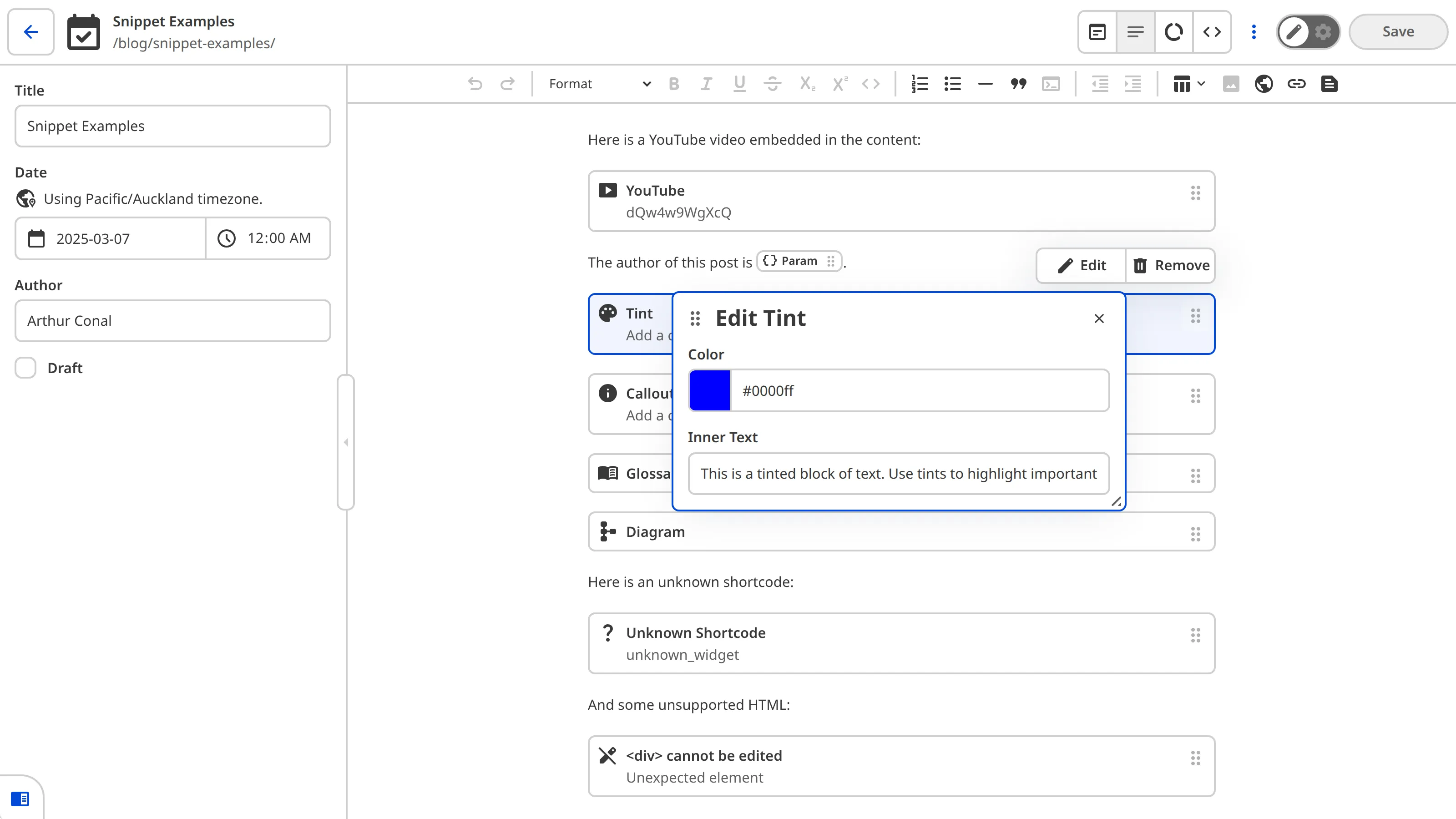 The Content Editor showing a Tint Snippet block selected with the data editor panel open, displaying Color and Inner Text inputs.