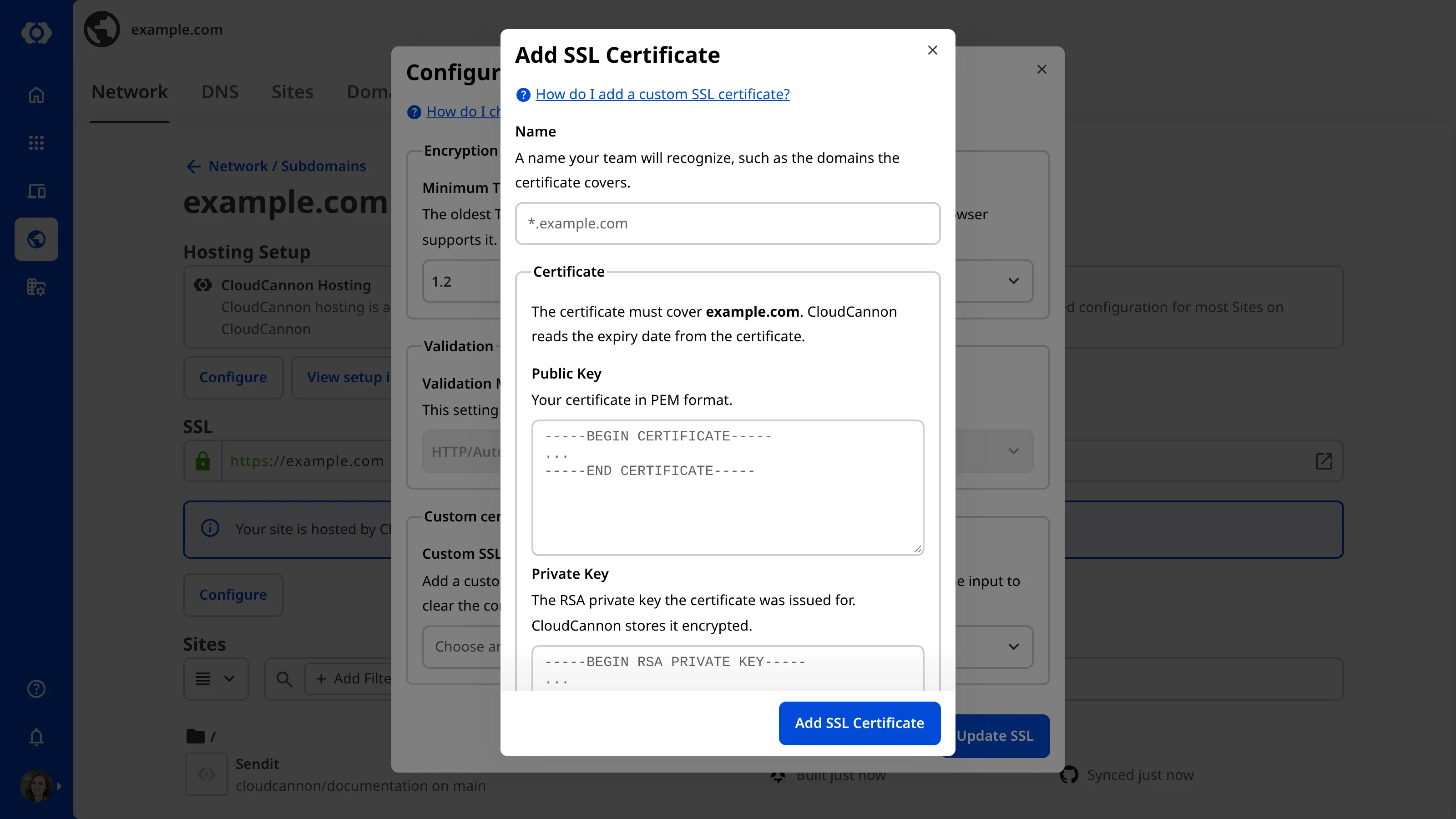 A screenshot of the Add SSL Certificate modal shows fields for Name, Public Key, Private Key, and Certificate Chain.
