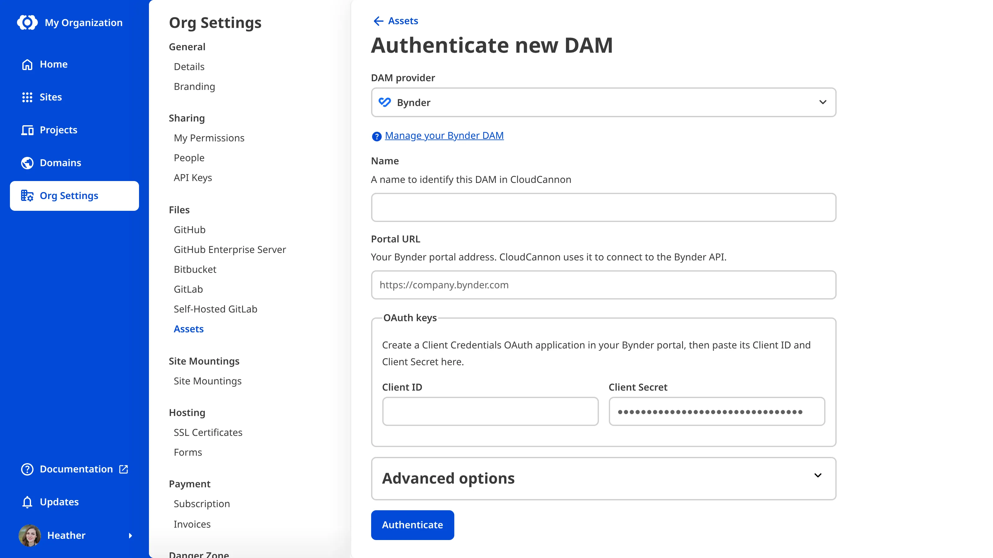 A screenshot of the Authenticate new DAM page under Org Settings shows the Name and Portal URL fields, the Client ID and Client Secret fields under OAuth keys, and the collapsed Advanced options section.