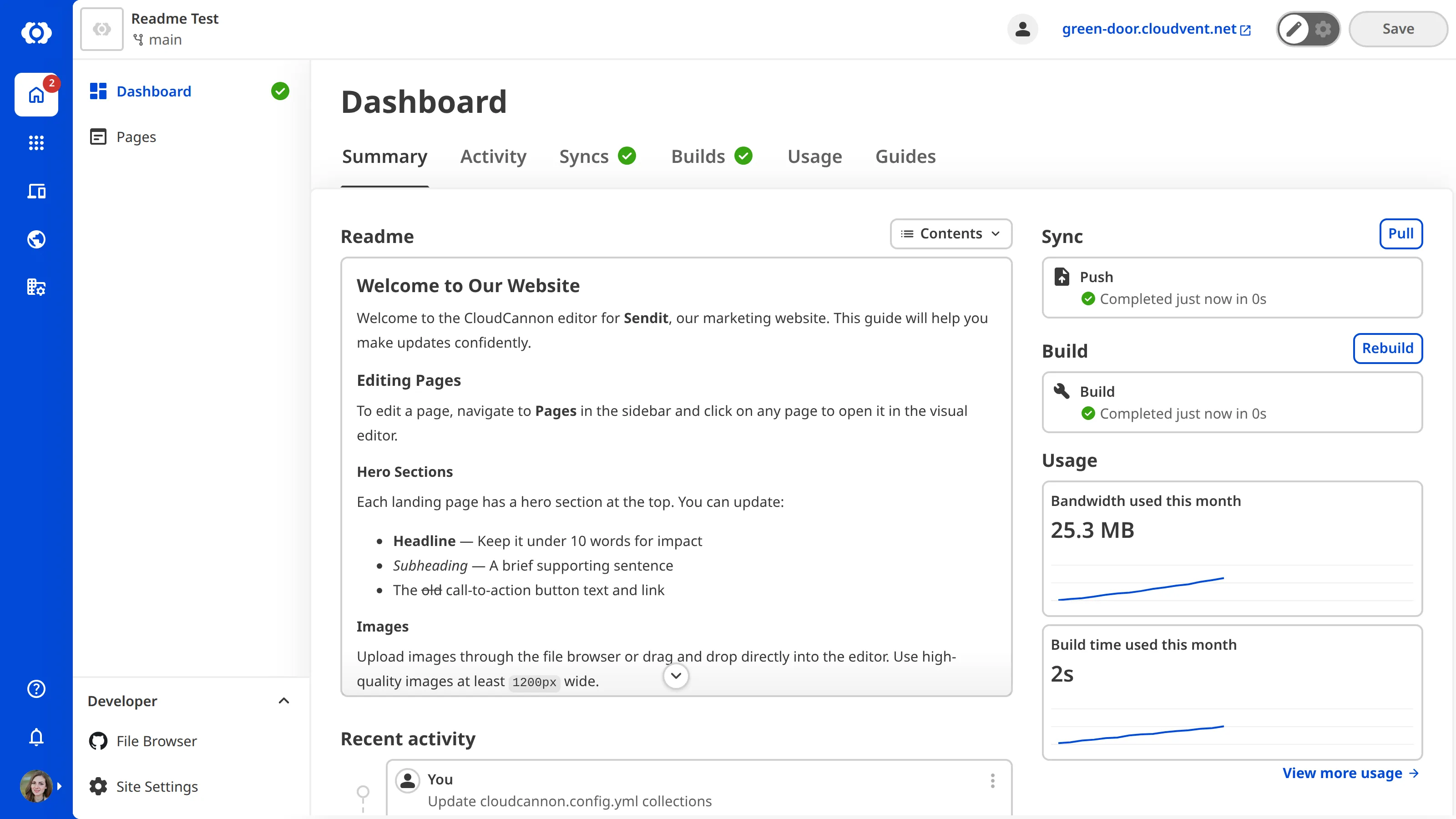 A screenshot of the Site Dashboard shows custom Markdown content at the top of the Summary tab.