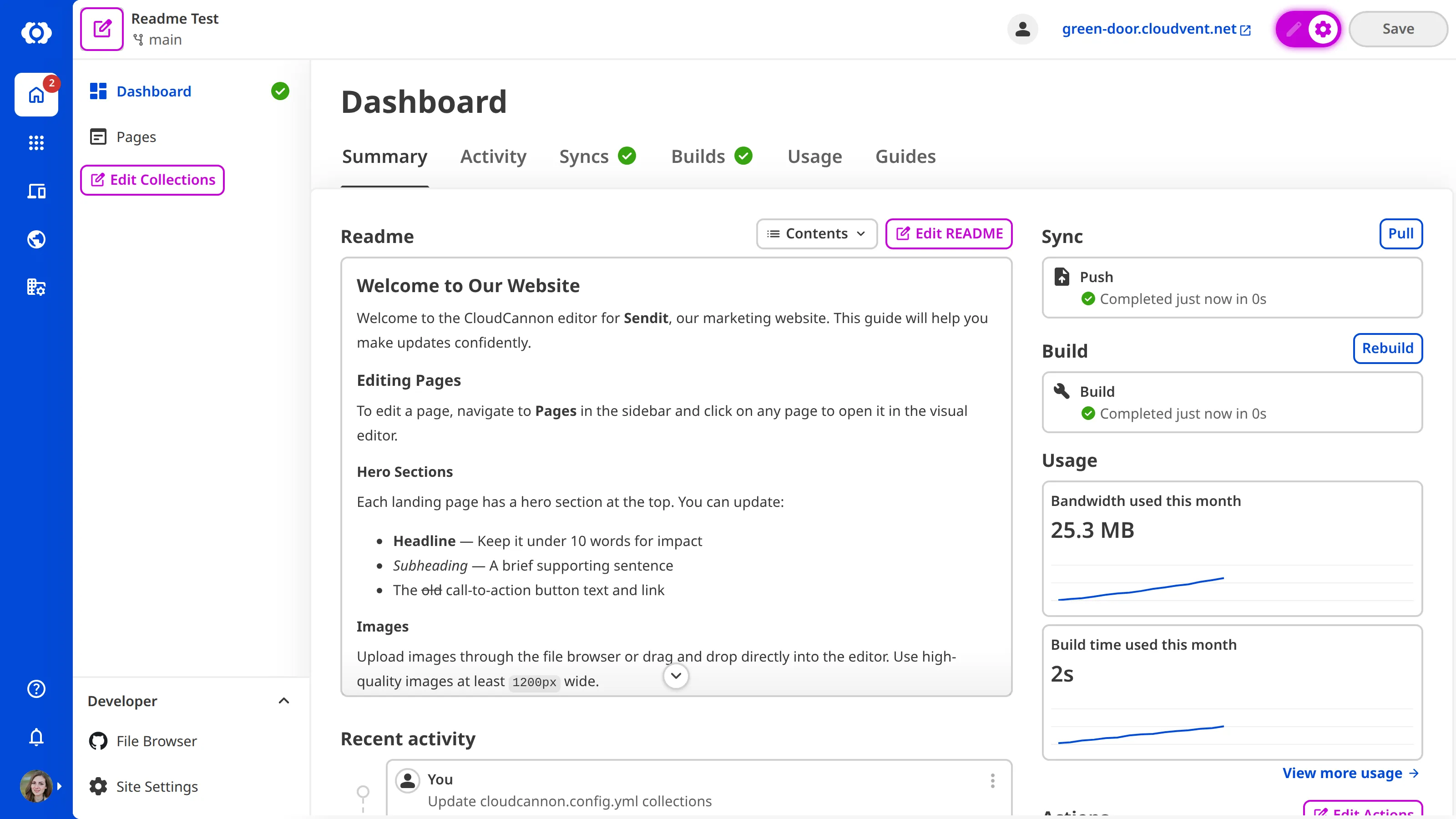 A screenshot of the Site Dashboard with Configuration Mode on shows a purple Edit README button.