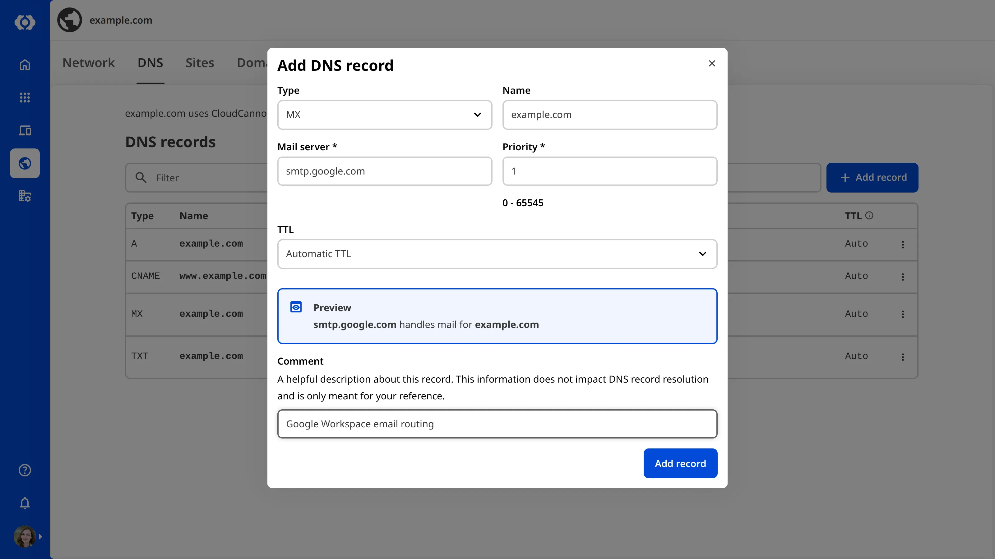 A screenshot of the DNS tab on the Domain page showing the Add DNS Record modal with fields for Type, Name, IPv4 Address and TTL.