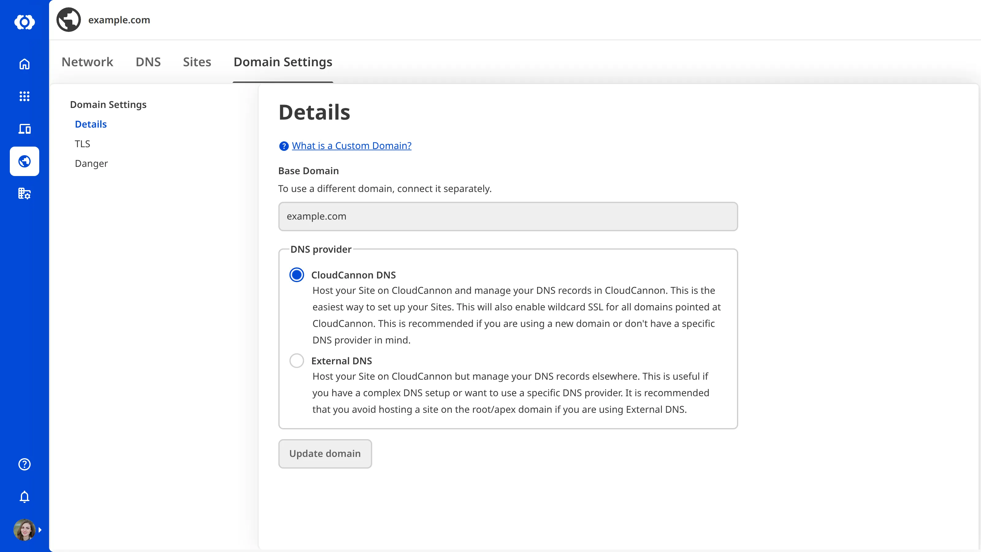 A screenshot of the Domain Settings page shows the DNS Provider radio button is set to CloudCannon DNS.