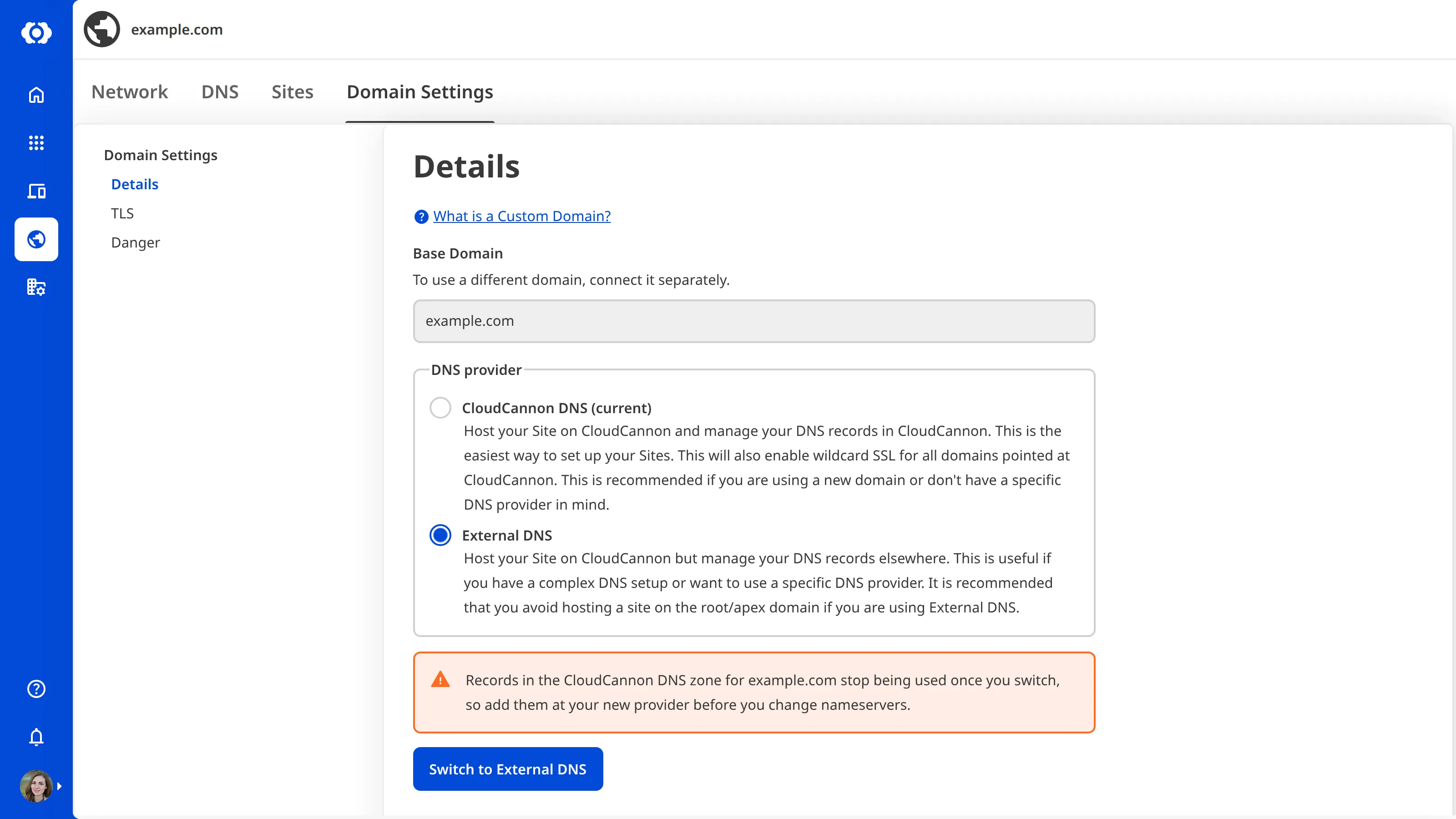 A screenshot of the Domain Settings page shows the DNS Provider dropdown is set to External DNS.