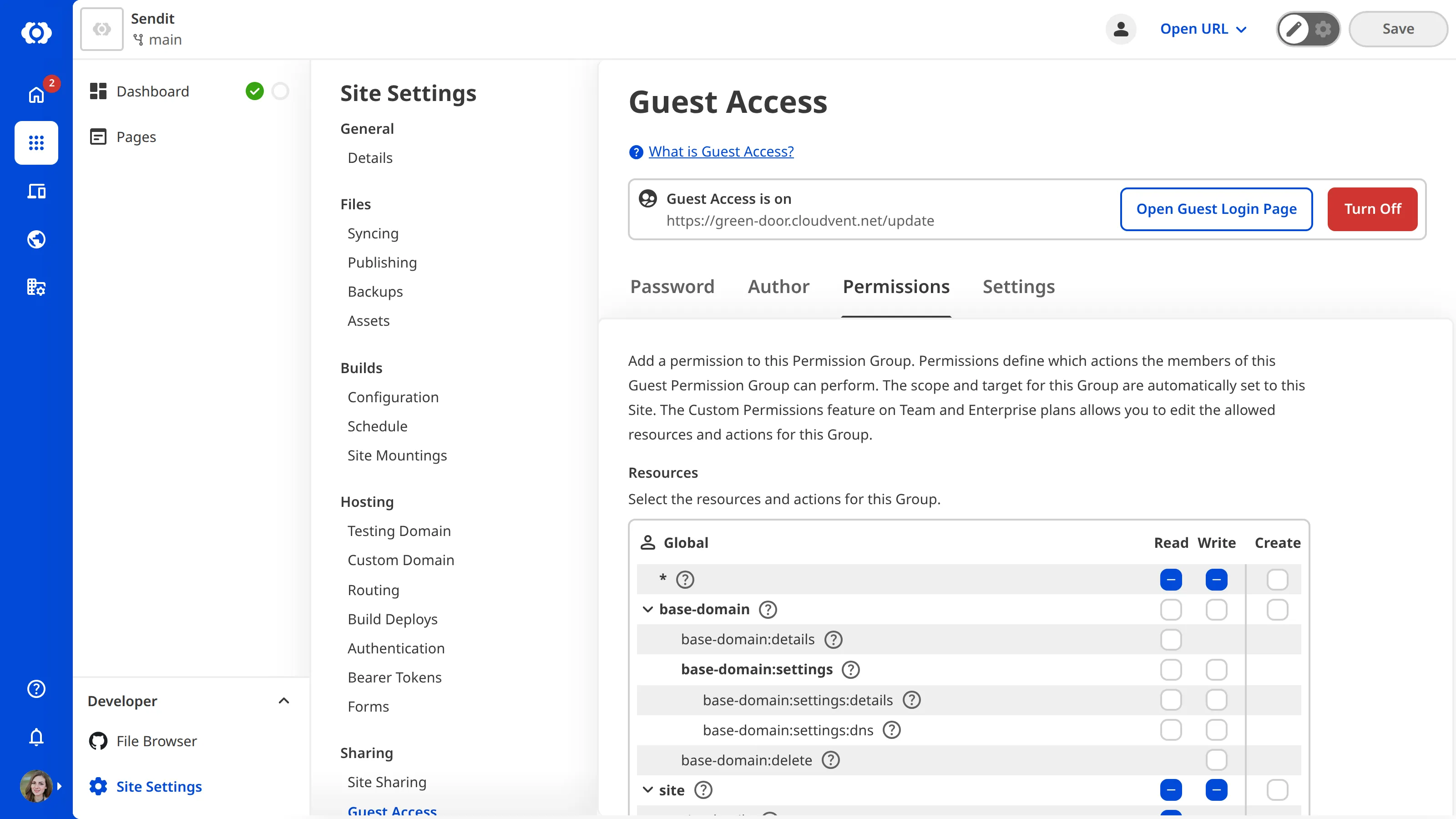 The Permissions tab on the Guest Access page A screenshot of the Permissions tab on the Guest Access page shows the resources and actions Guests are permitted to take for this Site.