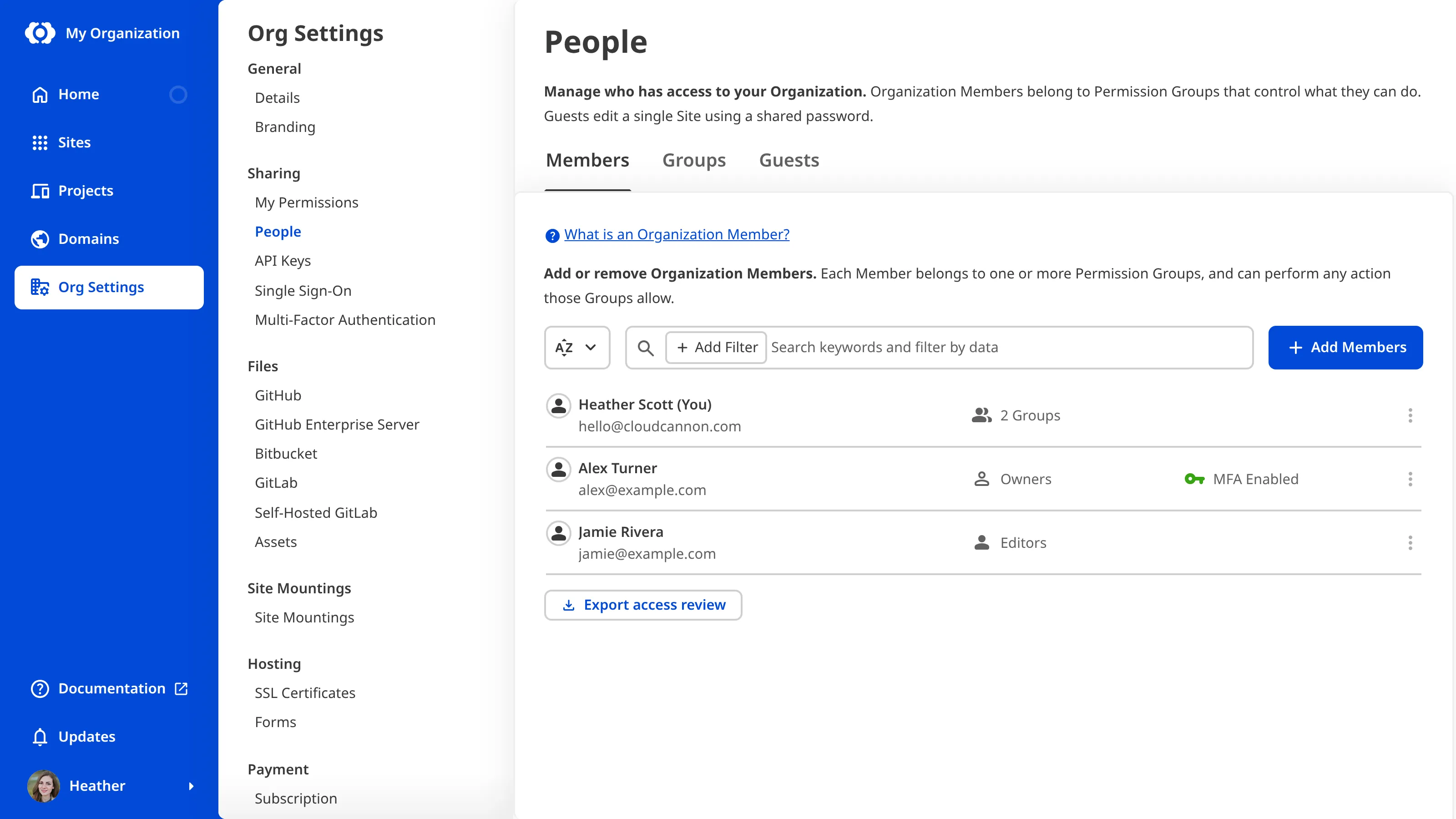 A screenshot of the People page shows which Organization Members have enabled MFA.