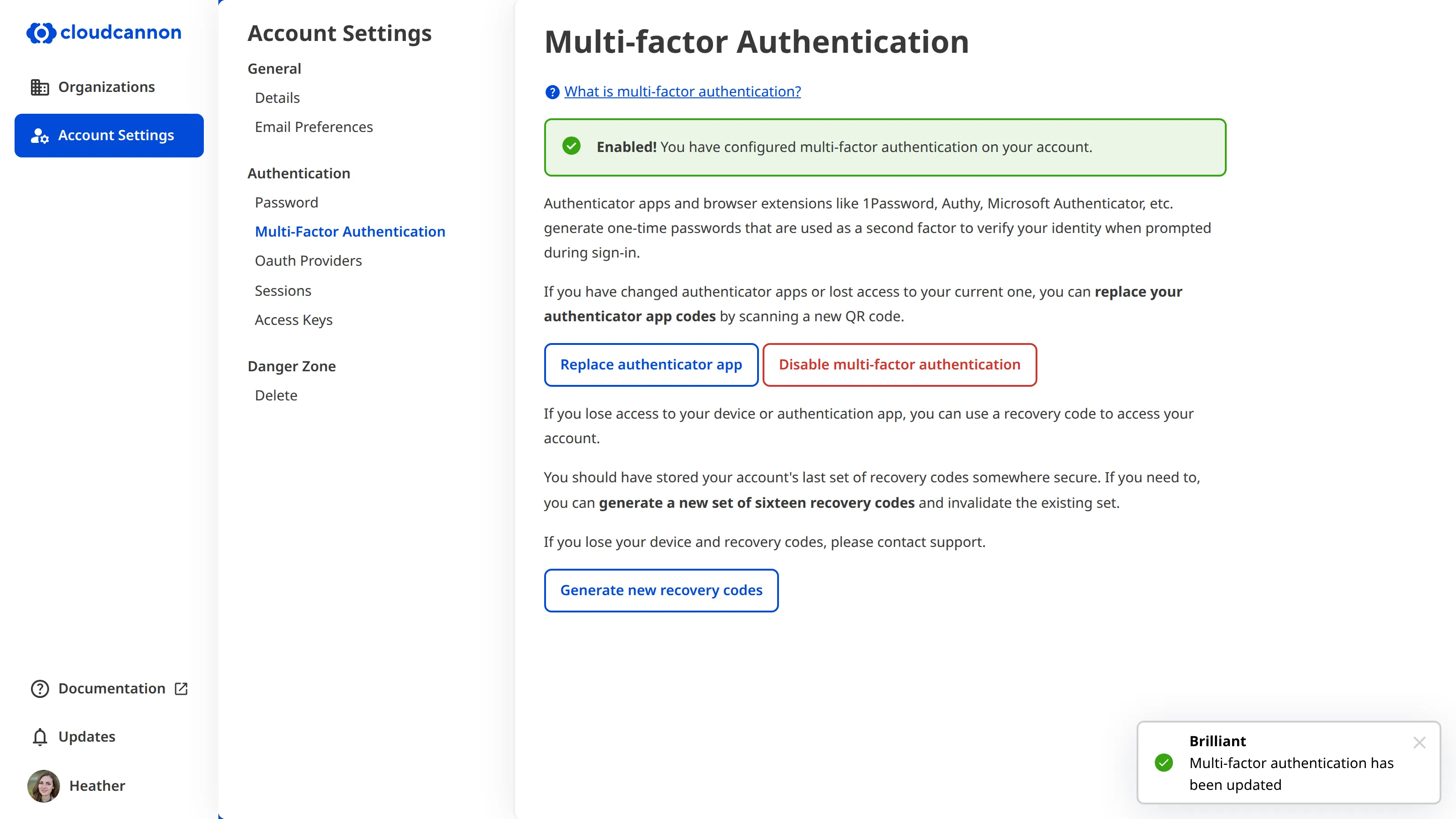 A screenshot of the multi-factor authentication screen, showing the 'Edit multi-factor authentication' and 'Generate new recovery codes' buttons.