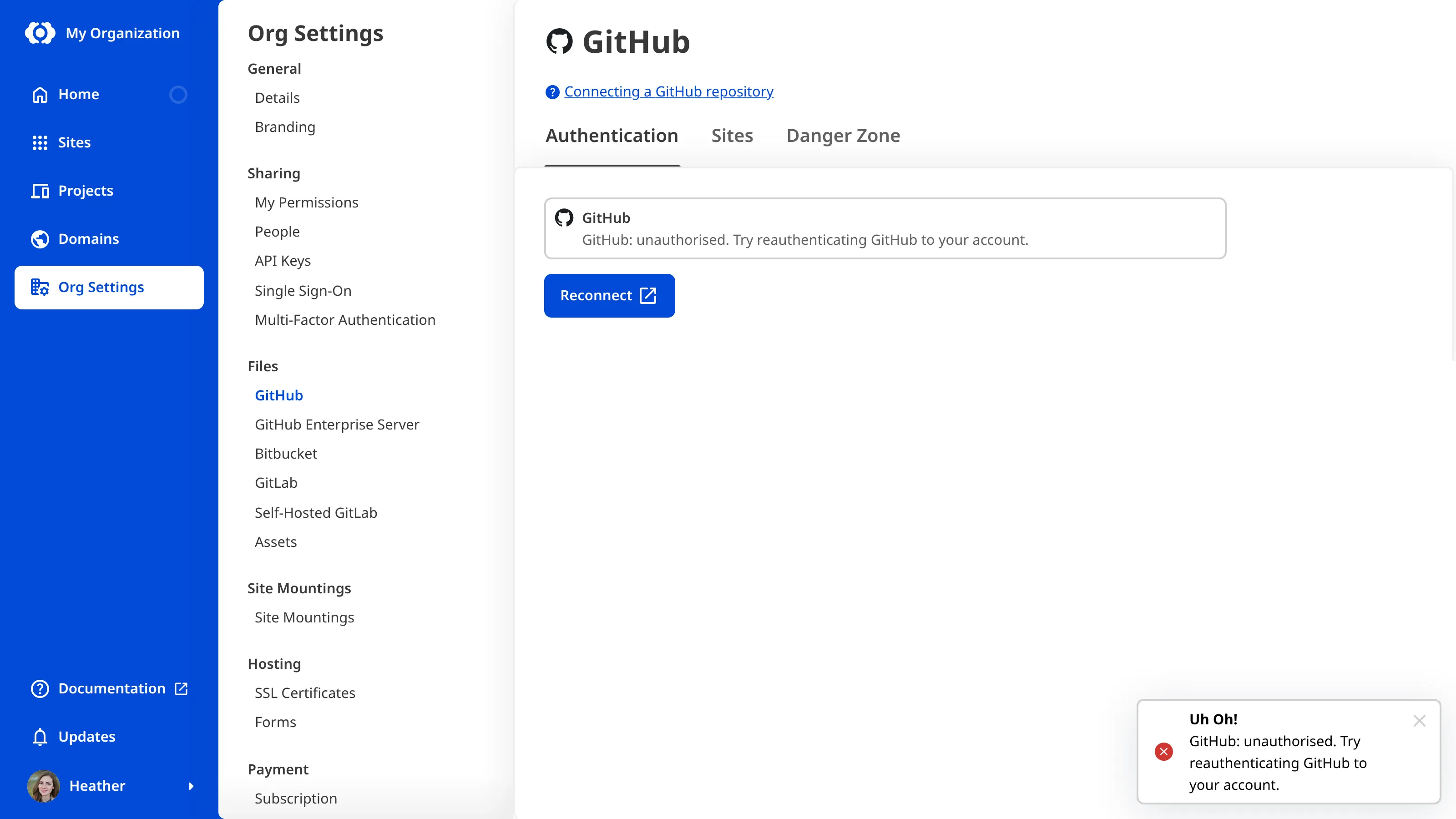 A screenshot of the Authentication tab on the GitHub page under Org Settings shows an error message and a Reconnect button.