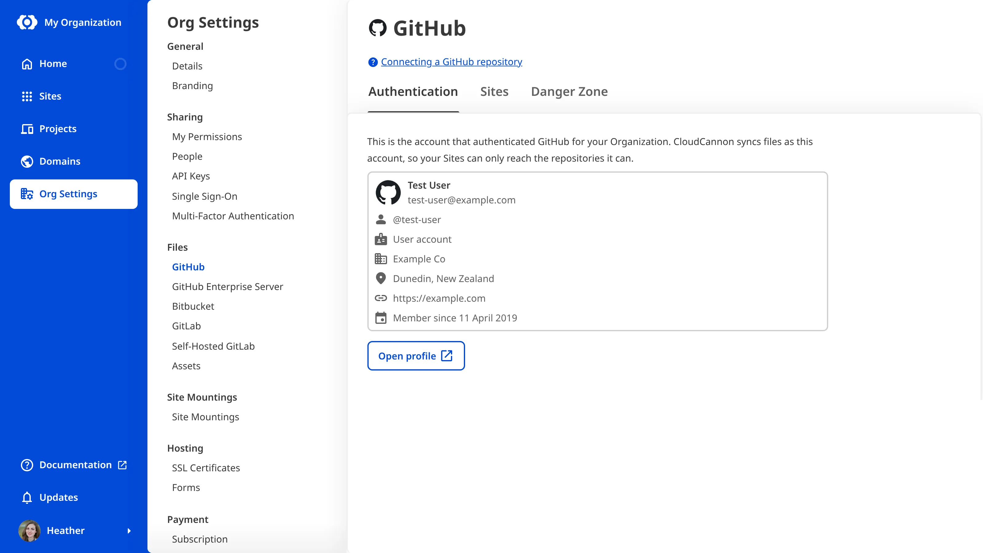 A screenshot of the Authentication tab on the GitHub page under Org Settings shows the connected account's name, email, username, and an Open profile button.