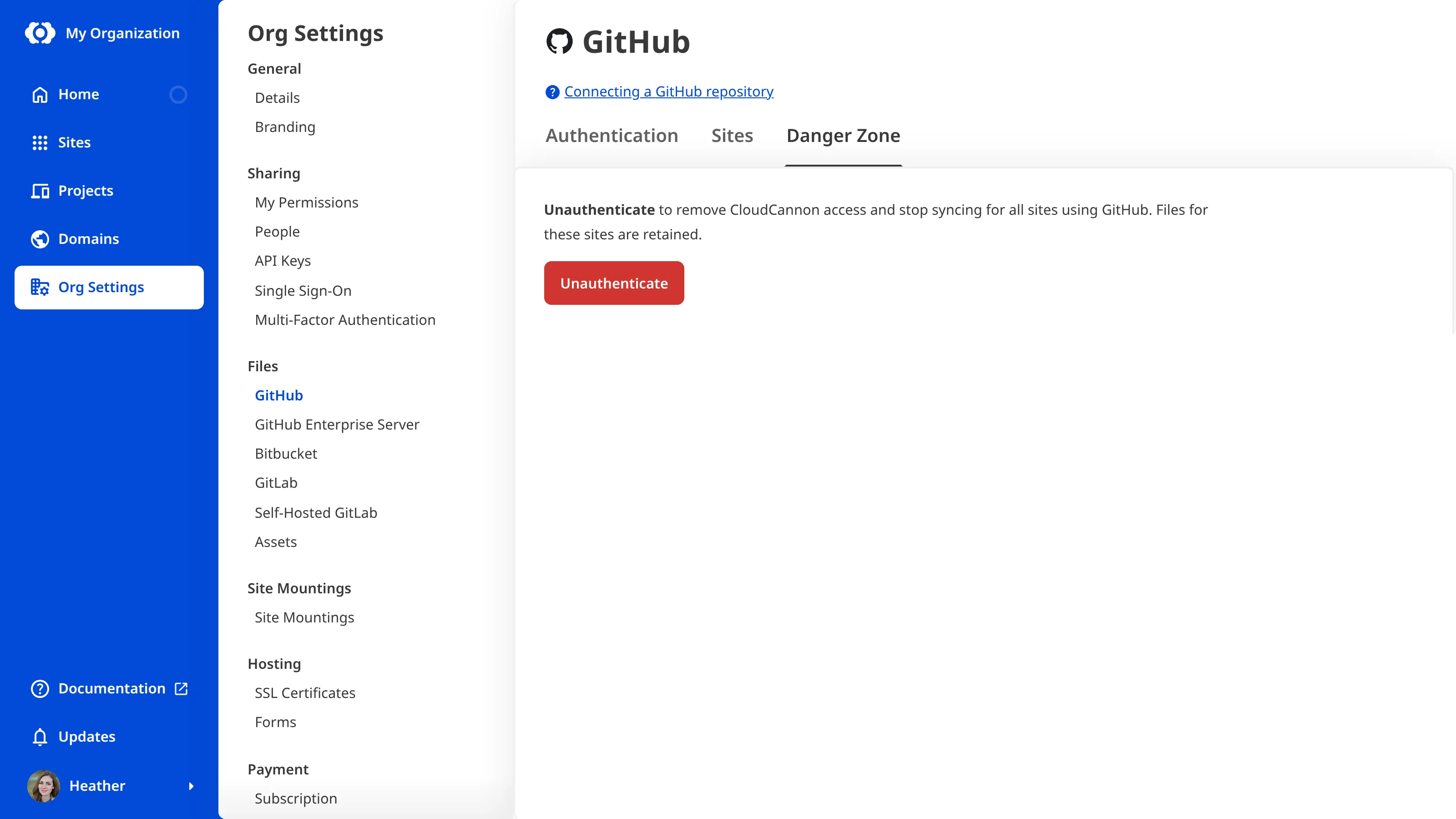 A screenshot of the Danger Zone tab on the GitHub page under Org Settings shows the Unauthenticate button.