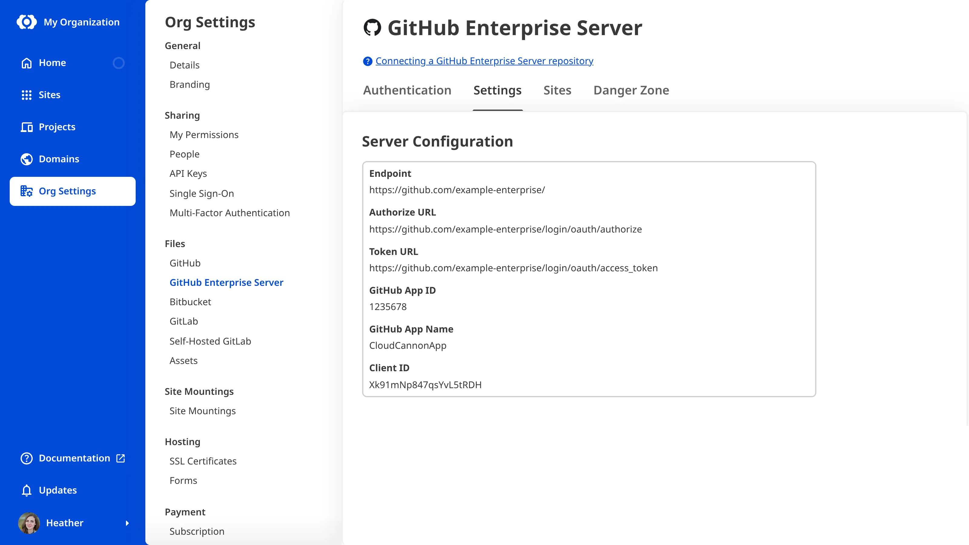The GitHub Enterprise Server Settings tab A screenshot of the Settings tab on the GitHub Enterprise Server page under Org Settings shows the saved Endpoint, Authorize URL, Token URL, GitHub App ID, GitHub App Name, and Client ID.