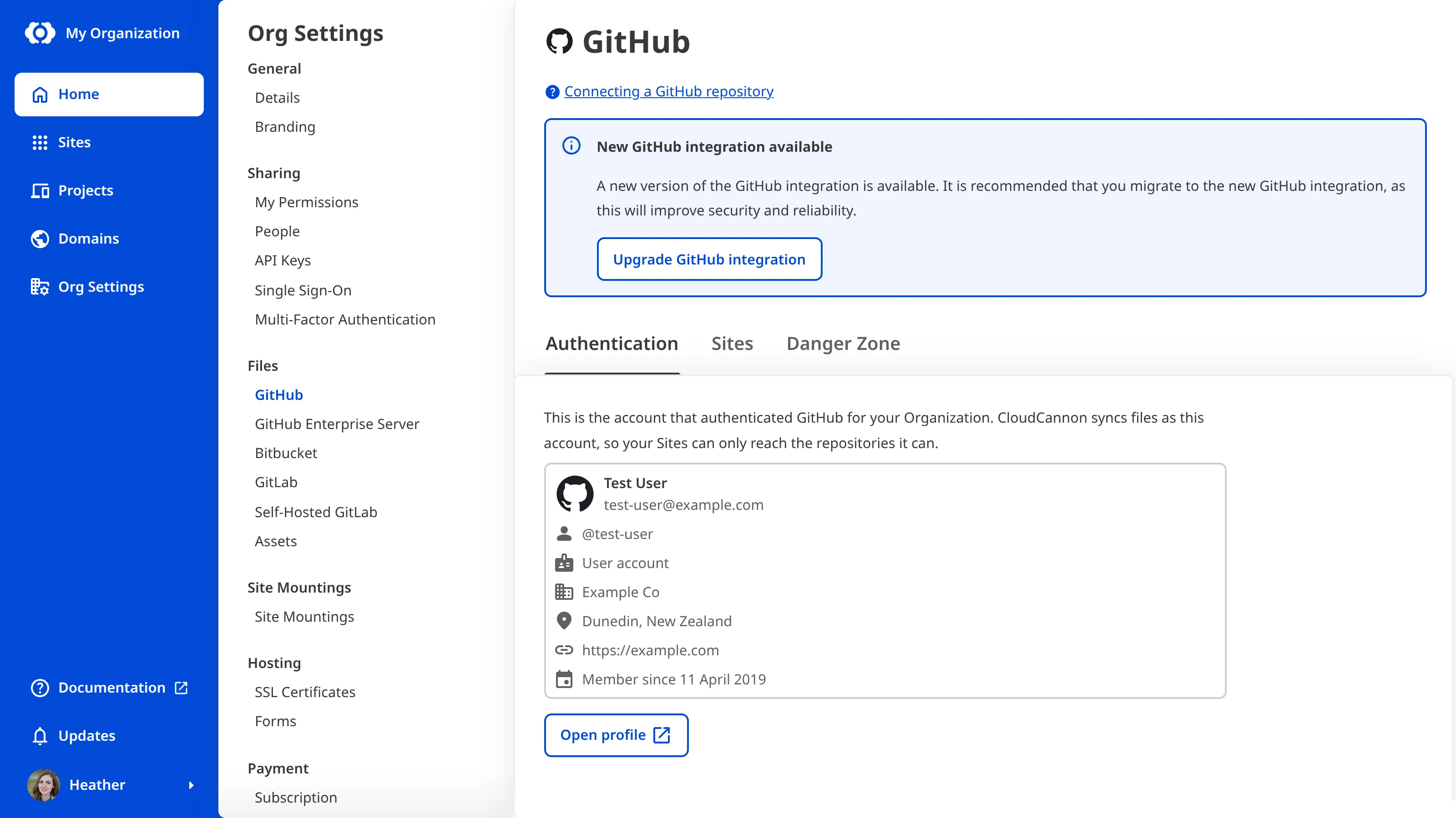 A screenshot of the GitHub page under Org Settings shows the New GitHub integration available notice with an Upgrade GitHub integration button, below the page heading and above the tabs.