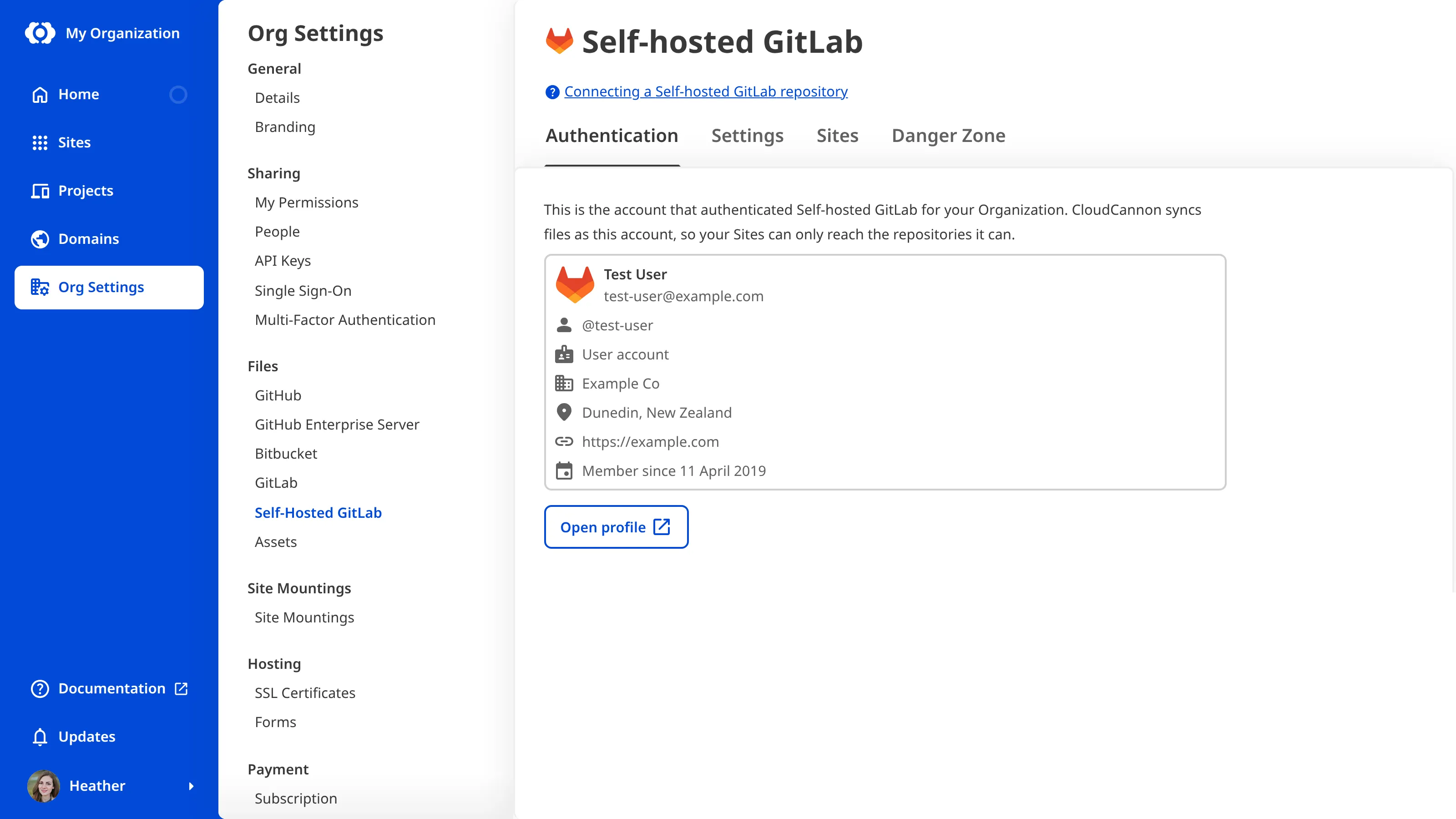 A screenshot of the Self-Hosted GitLab page under Org Settings shows the configured and authenticated state with the Authentication, Settings, Sites, and Danger Zone tabs.