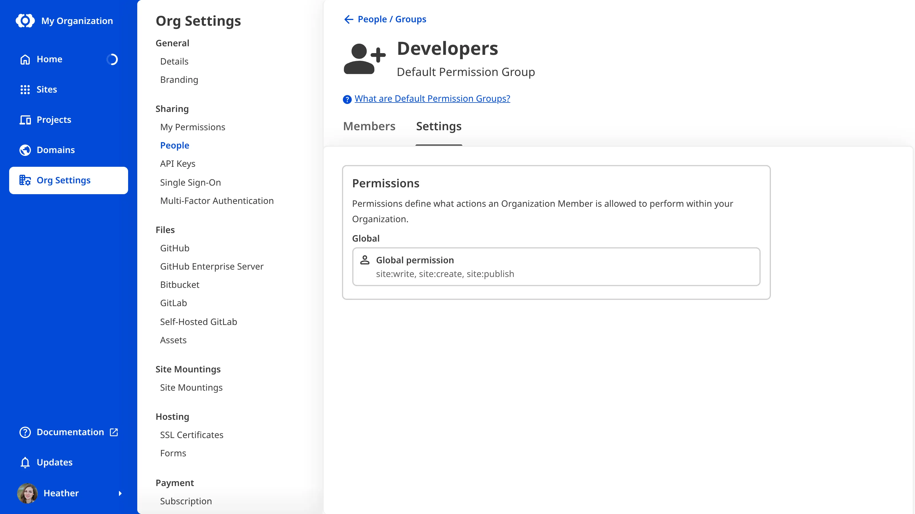 A screenshot of the Developers Permission Group page shows one permission under the Settings tab.