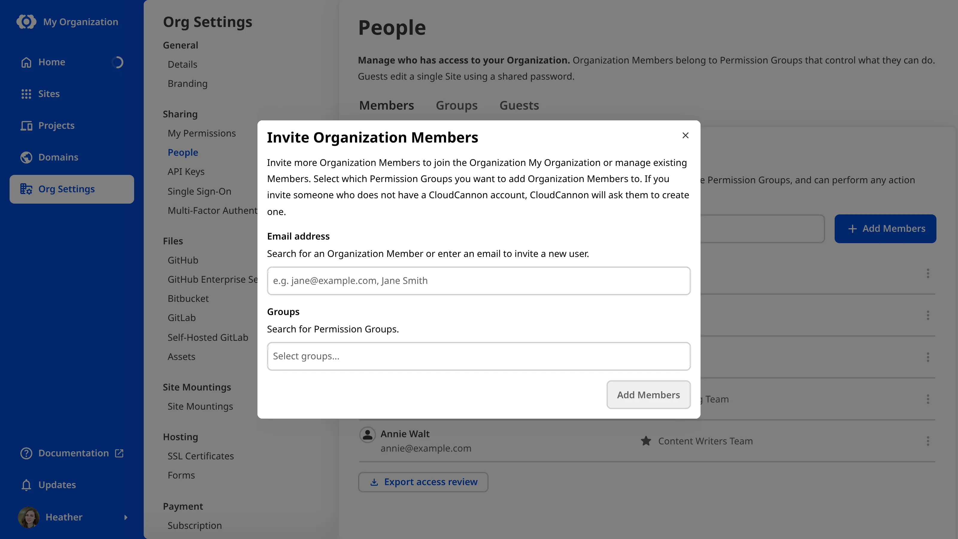 A screenshot of the People page shows the Invite Organization Members modal with two fields for email addresses and Permission Groups.