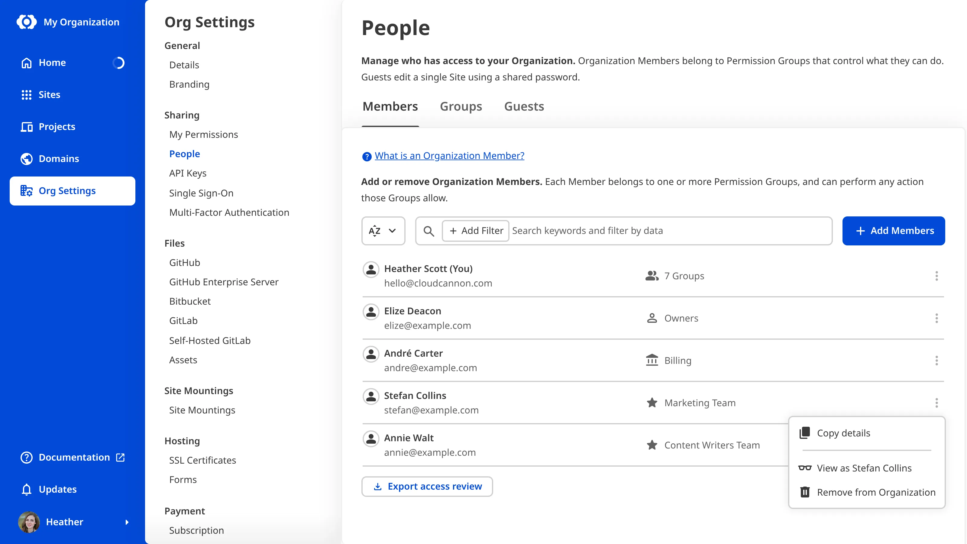 A screenshot of the People page shows an Organization Member's Context Menu open, with the View as Stefan Collins option listed alongside Copy details and Remove from Organization.
