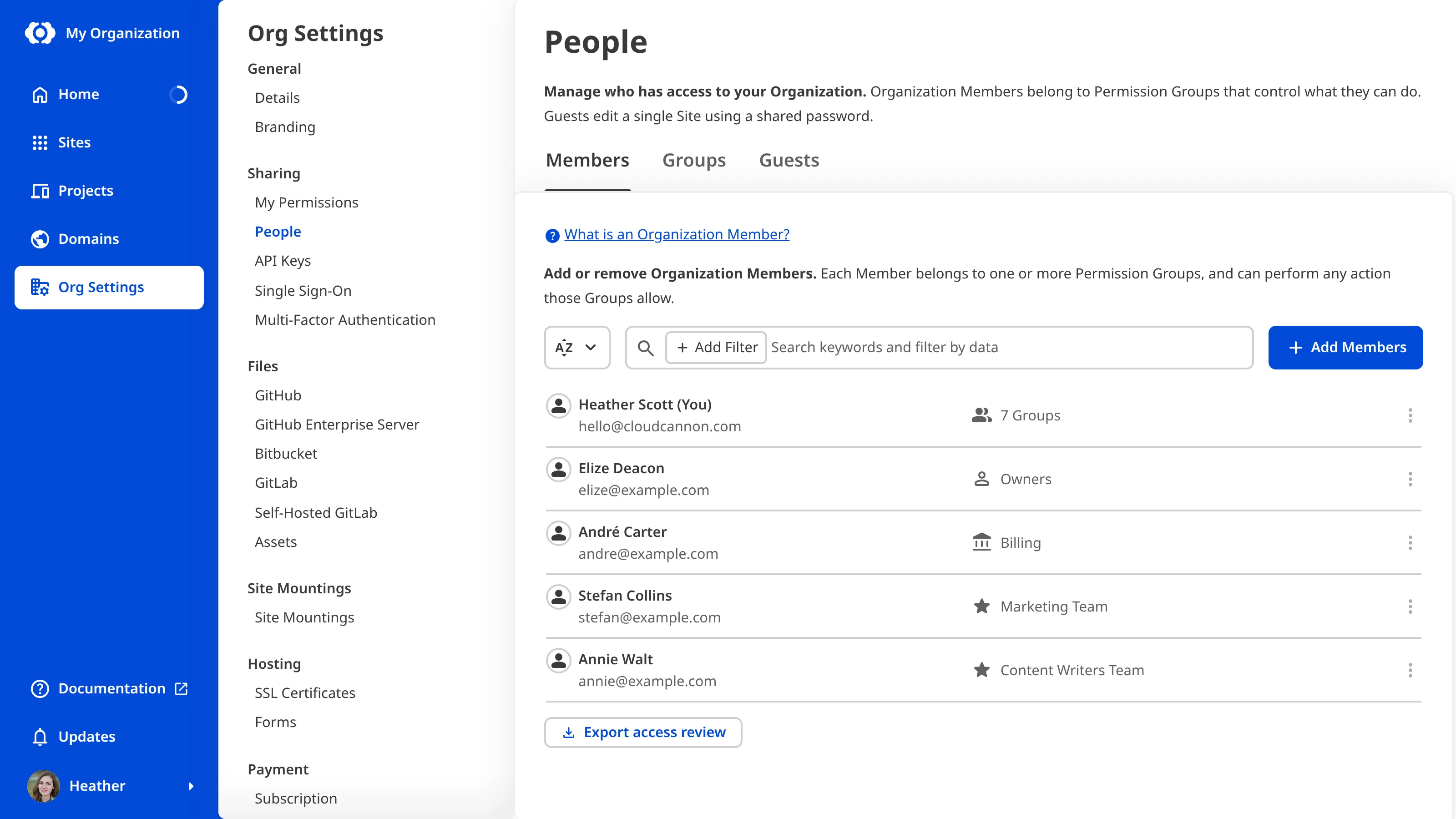 The Export access review button on the People page A screenshot of the Members tab on the People page under Org Settings shows a list of Organization Member cards above the Export access review button.