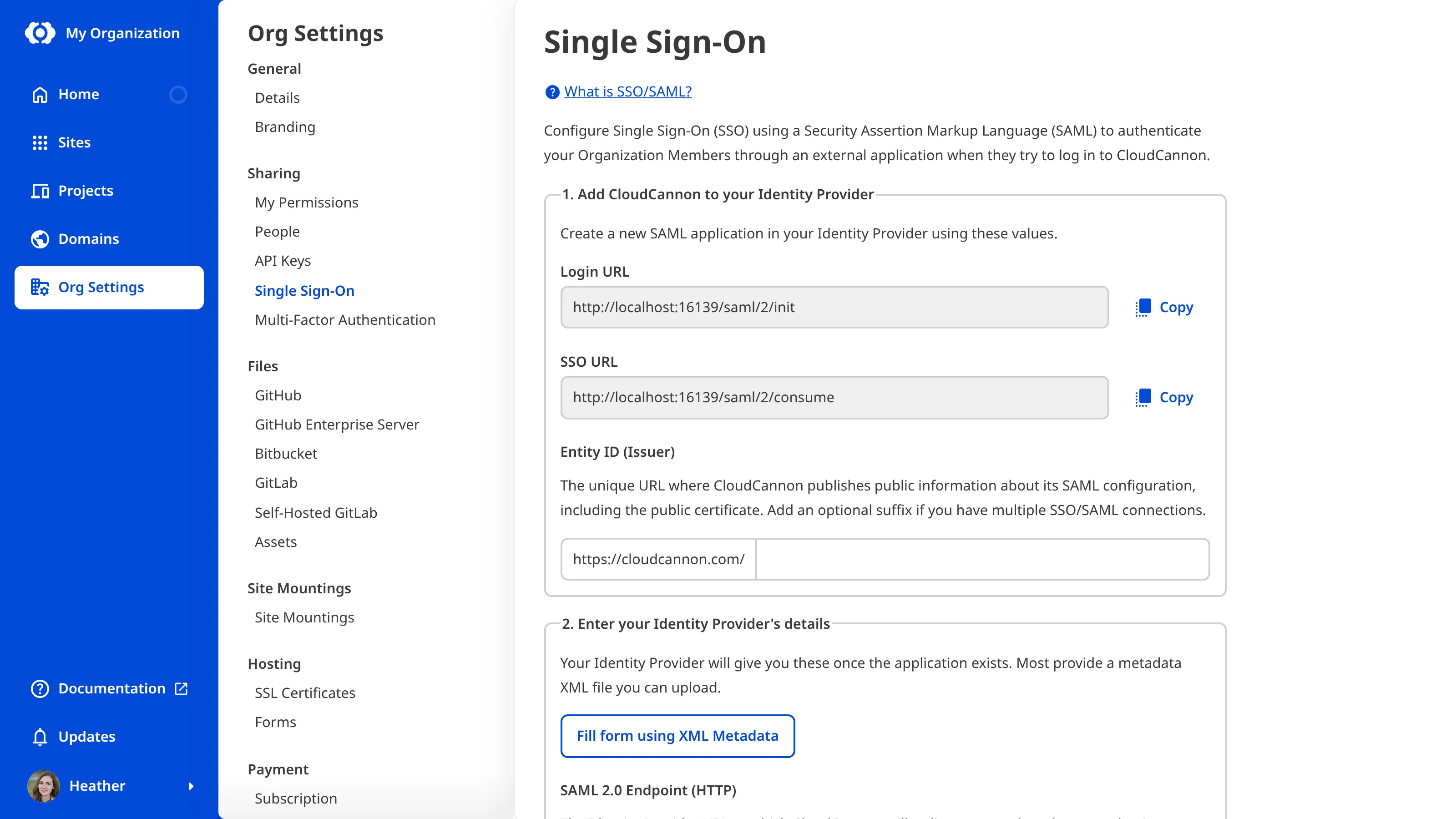 A screenshot of the Single Sign-On page shows the configuration details for initial set up of your Identity Provider.