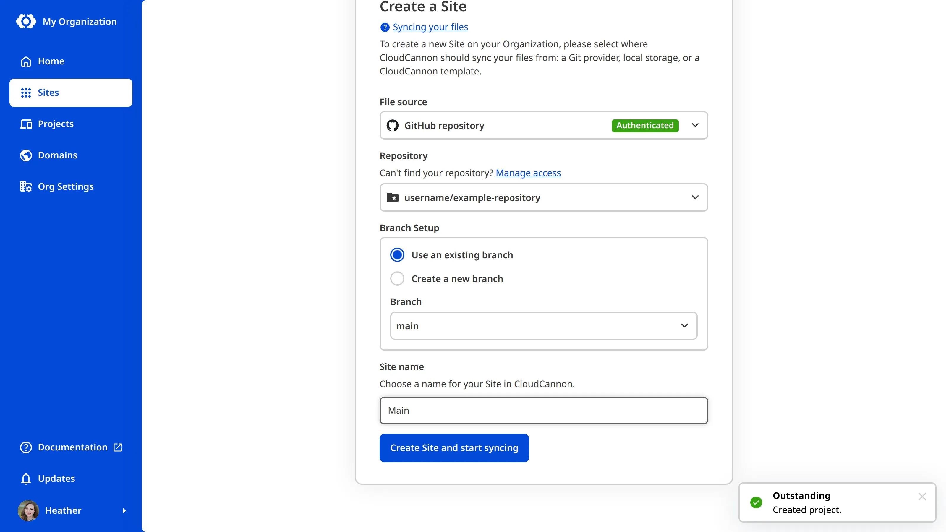 A screenshot of the Create a Site page within a Project, showing the repository, branch selection, and Site name fields.