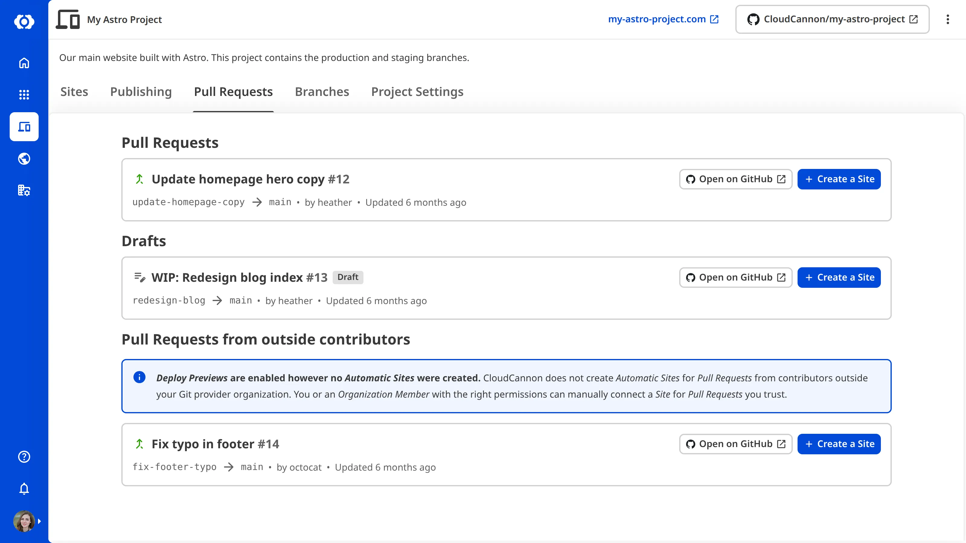The Pull Requests from outside contributors section A screenshot of the Pull Requests tab showing the Pull Requests from outside contributors section with the info notice and a fork Pull Request.