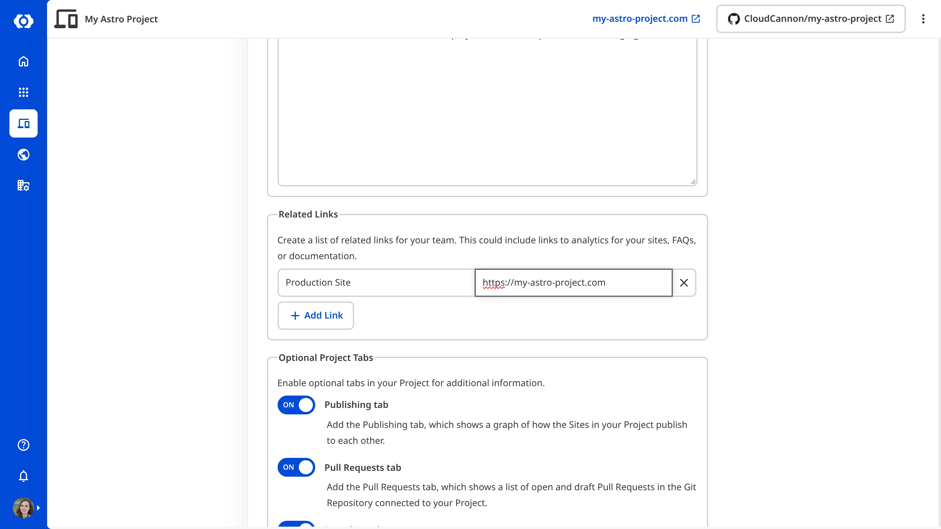 A screenshot of the Project Settings page shows a Related Link named 'Production Site' with a URL filled in.
