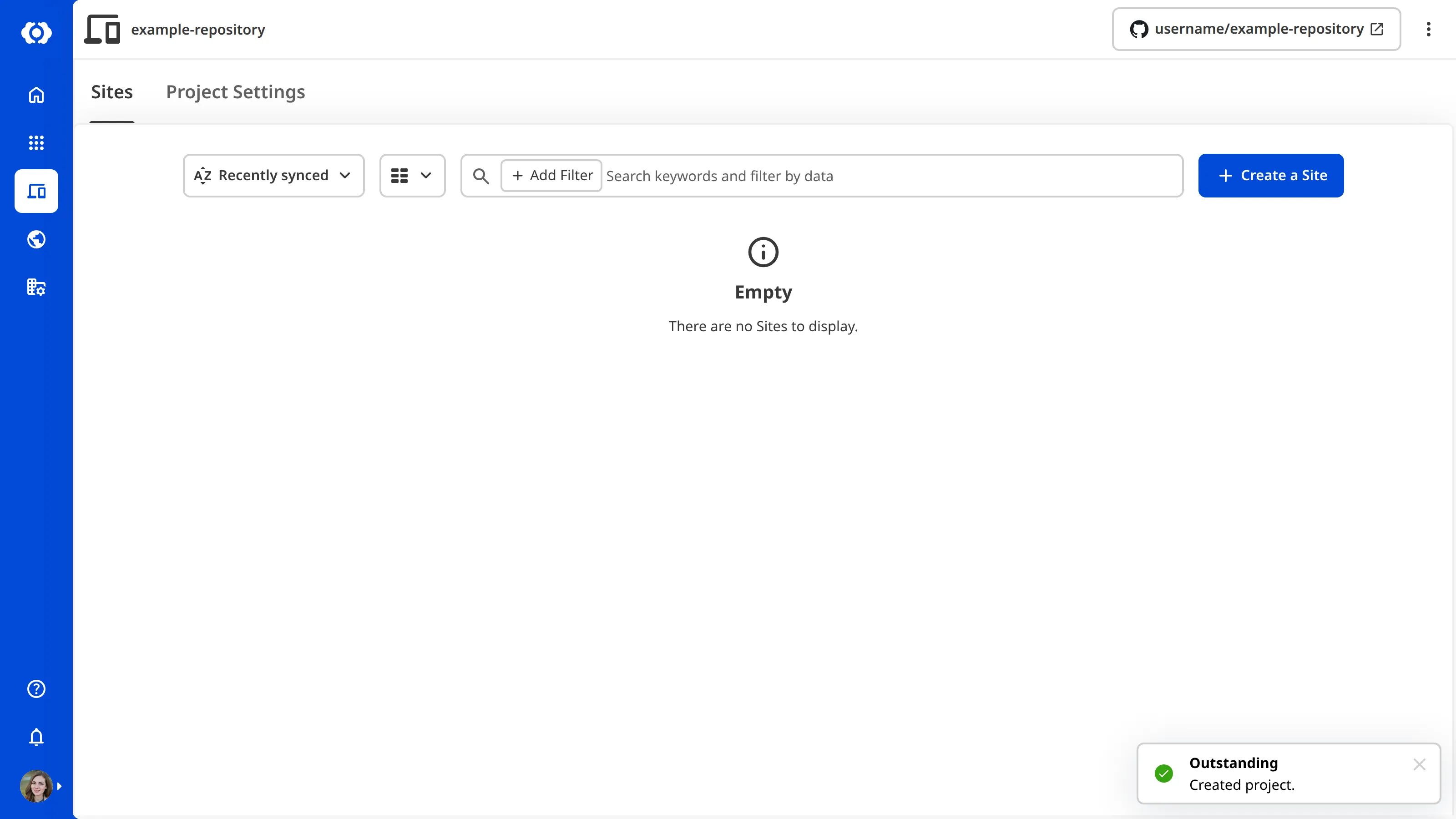 A screenshot of an empty Project page showing the Sites tab with no Sites to display.