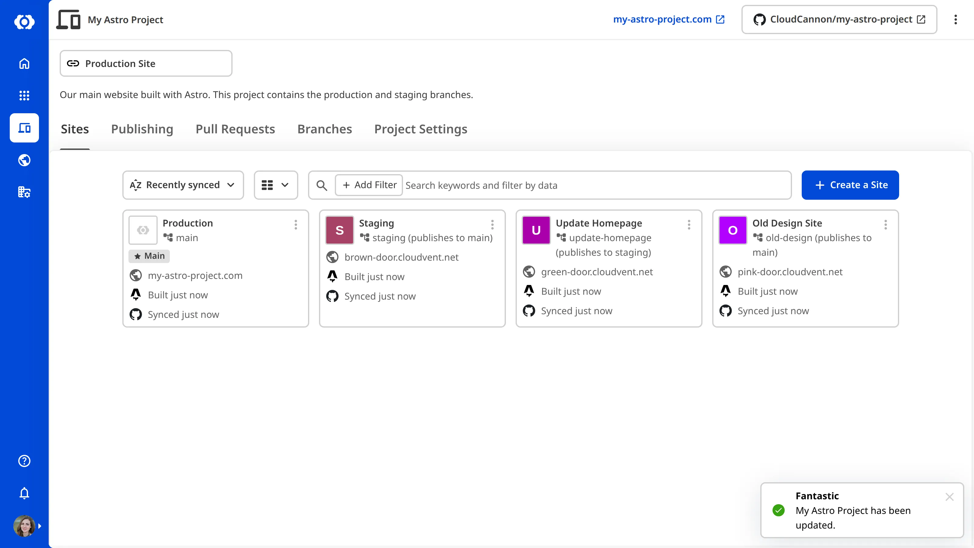 A screenshot of the Project page shows a Related Link displayed at the top, above the list of Sites.