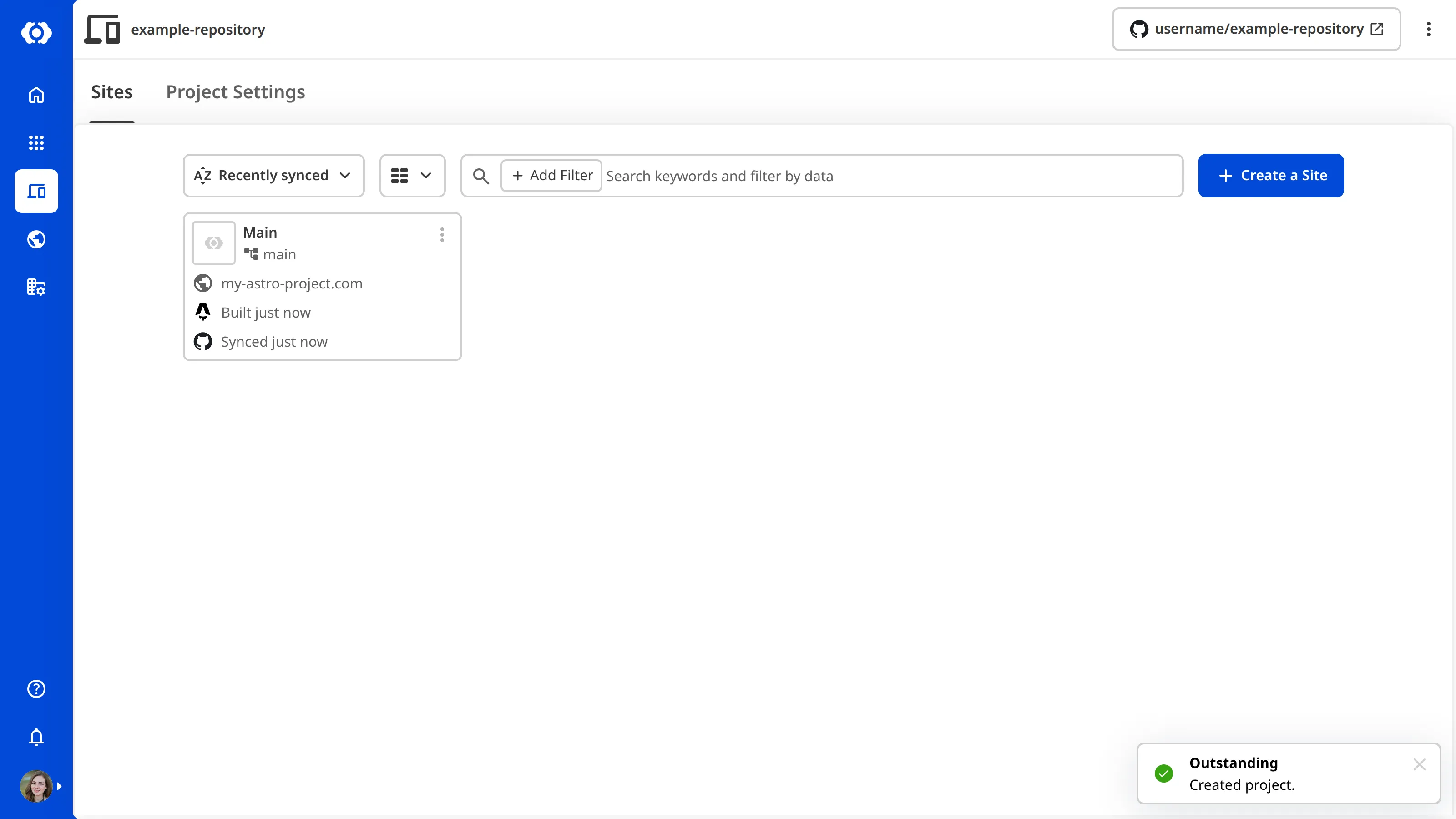A screenshot of the Project page shows the Sites list with a Create a Site button and one connected Site.
