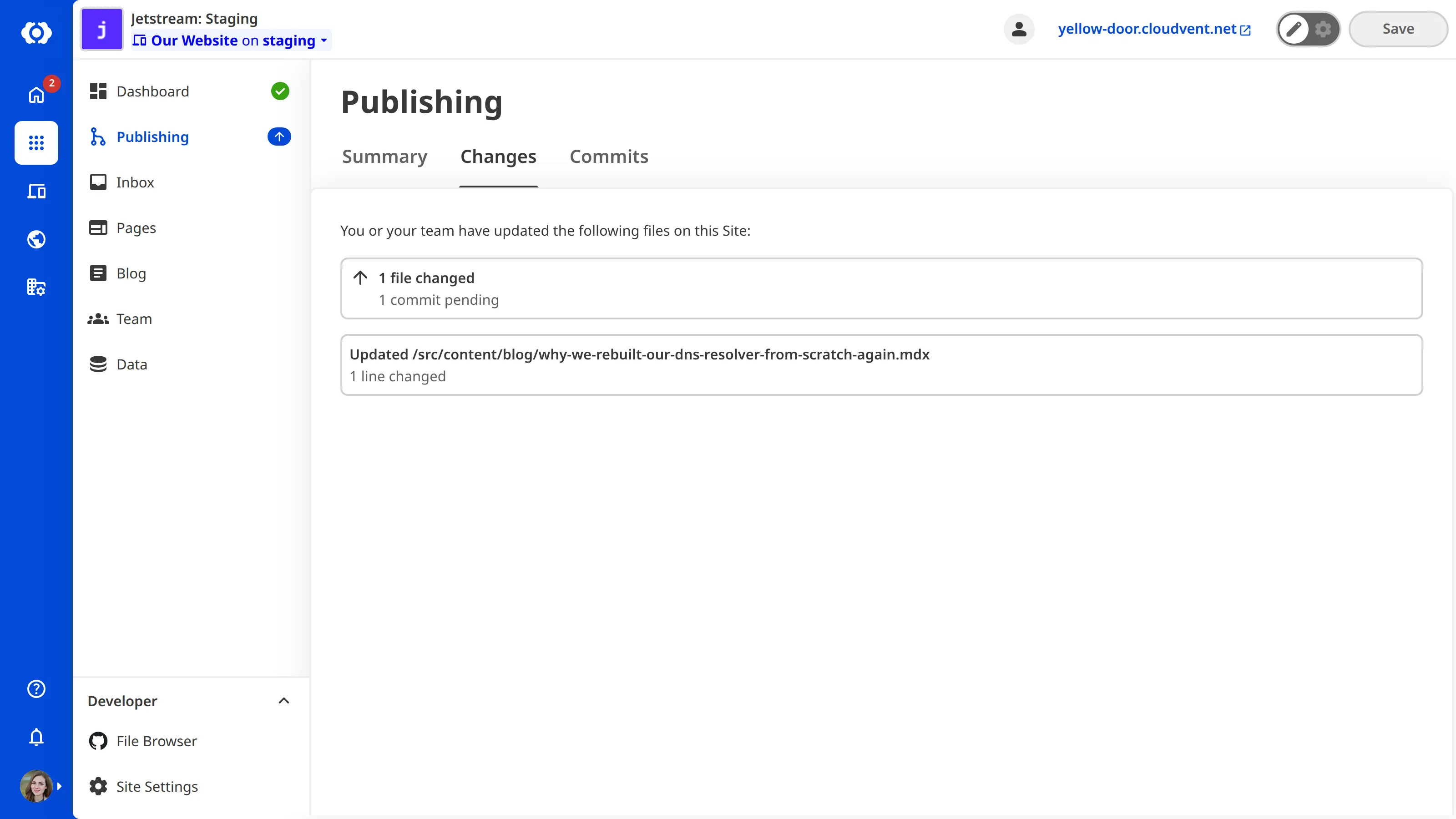 A screenshot of the Publishing page Changes tab shows a list of files updated on the Site since the last publish.