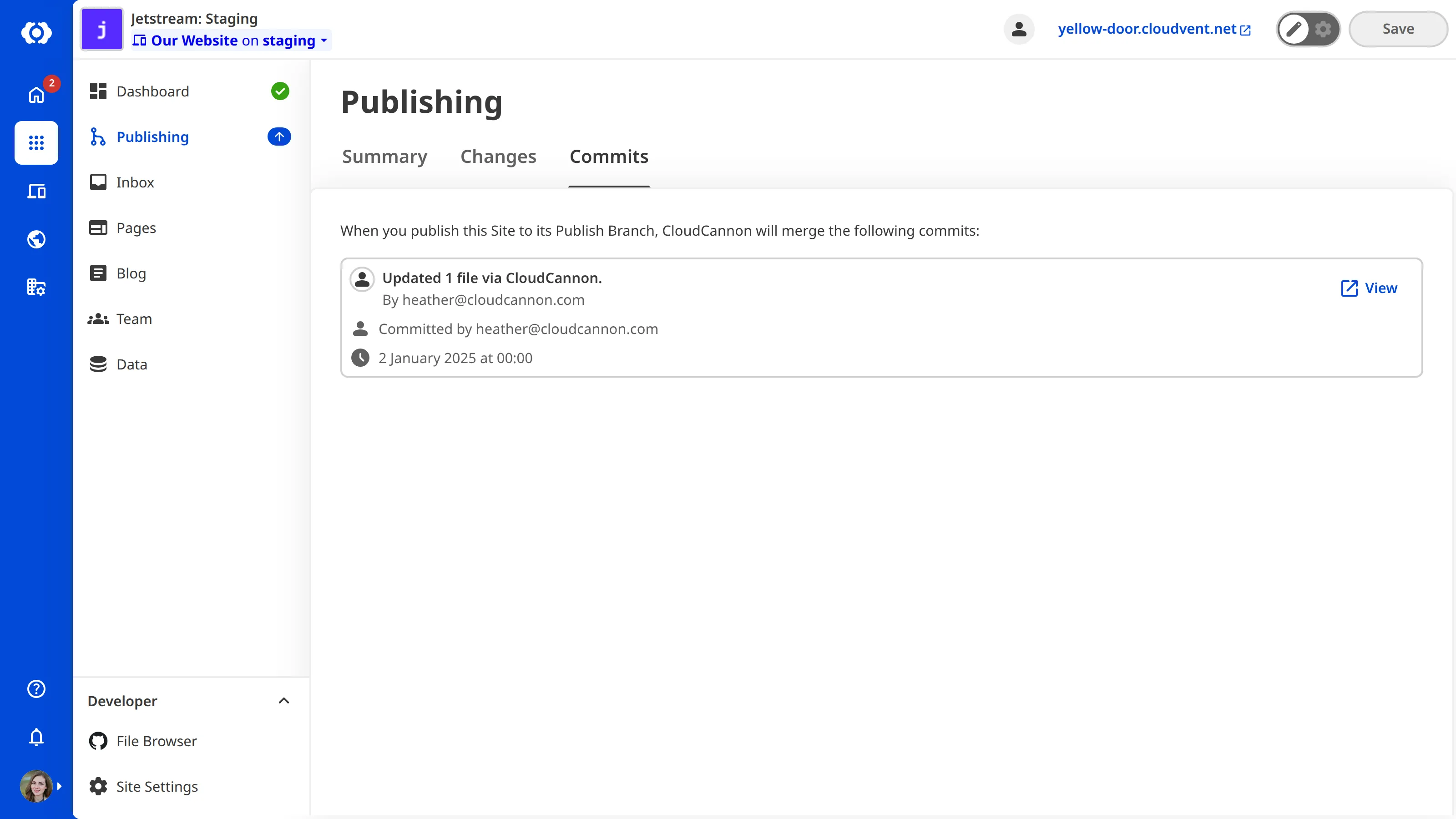 A screenshot of the Publishing page Commits tab shows a list of commits made on the Site since the last publish, including author and timestamp.