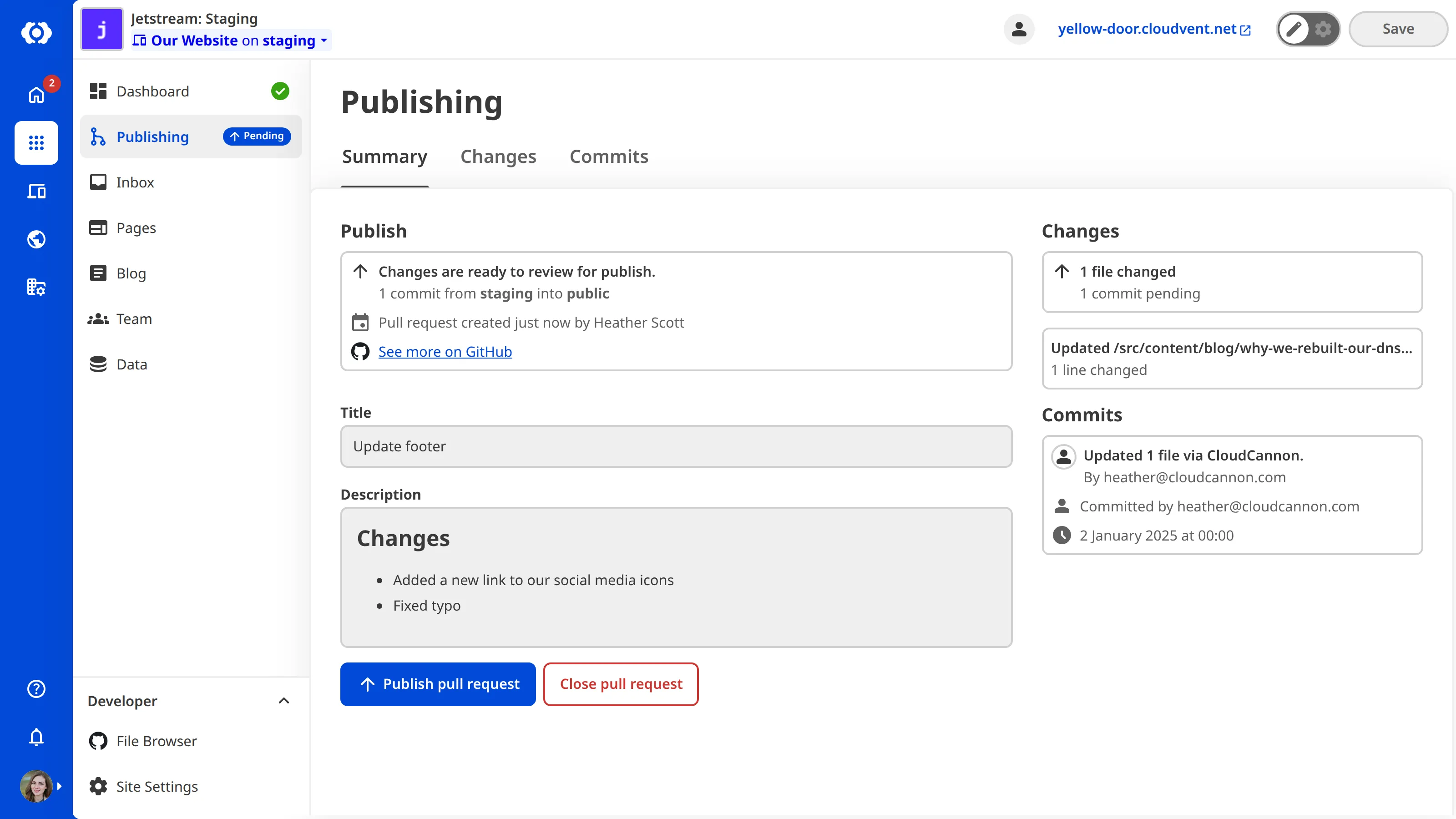 A screenshot of the Publishing page on a Site with an open Pull Request shows the Pull Request details and buttons to Publish or Close the Pull Request.
