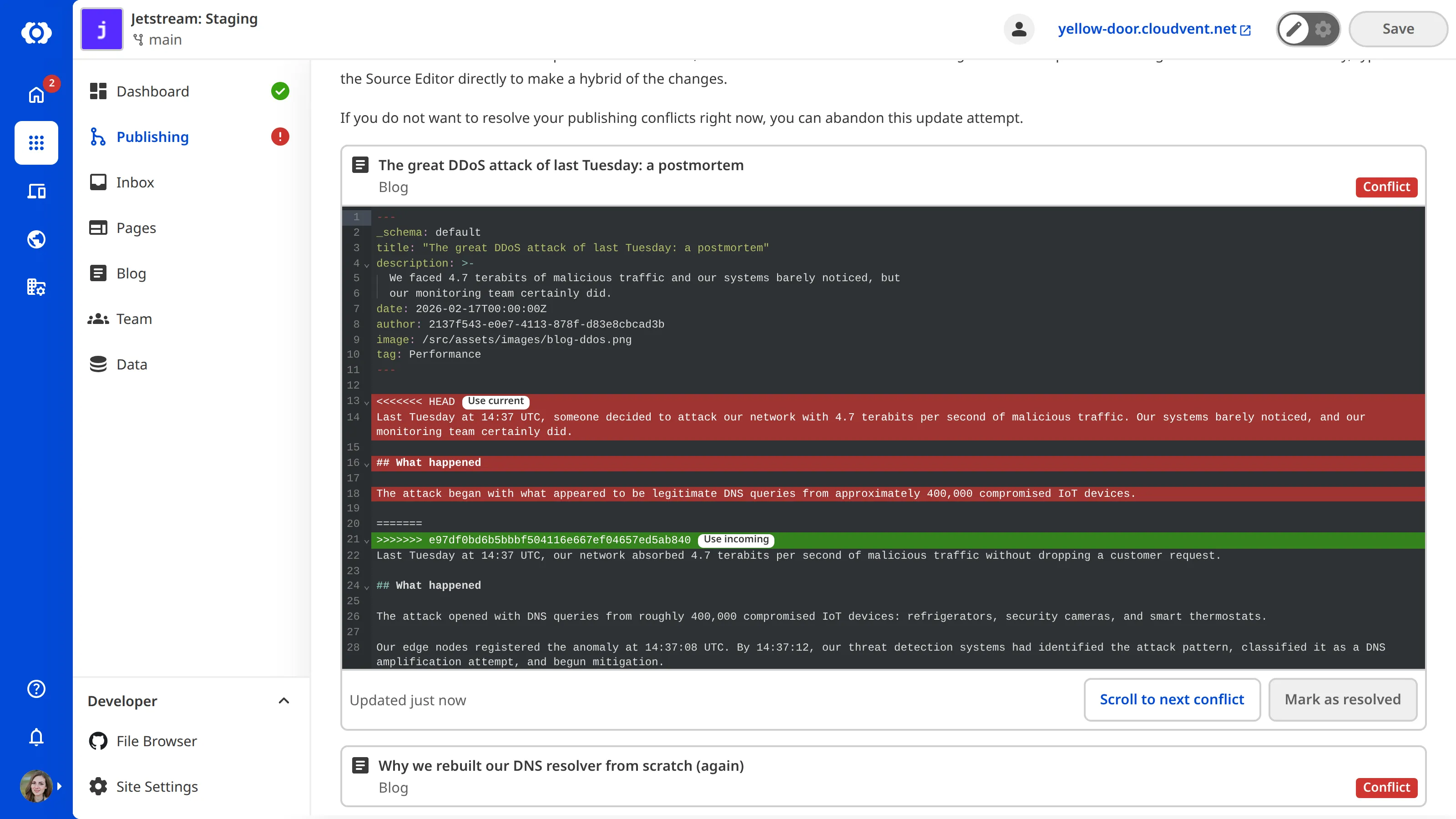 A screenshot of the Publishing page shows a conflicted file open in the Source Editor with current and incoming changes highlighted.
