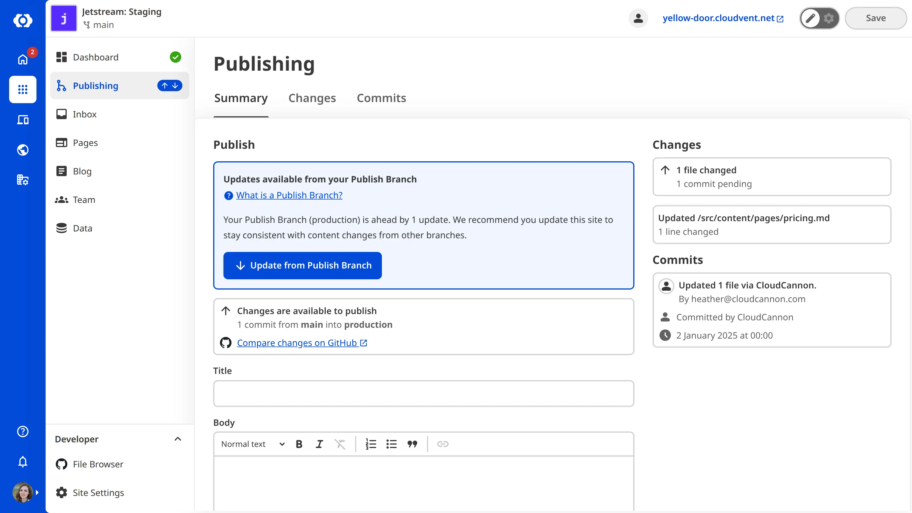 A screenshot of the Publishing page shows an Updates available from your Publish Branch notice with an Update from Publish Branch button.