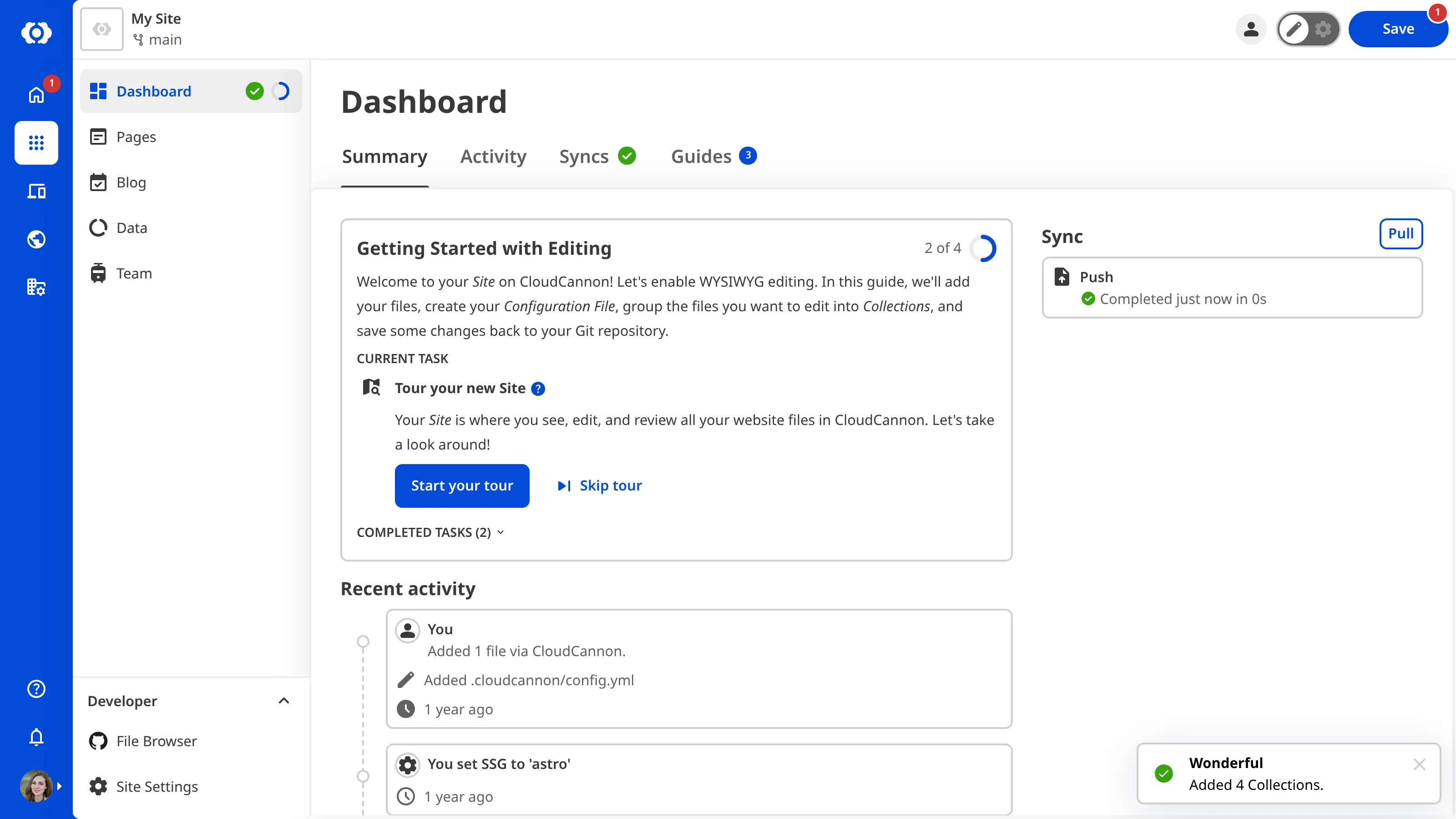 The Site Dashboard A screenshot of the Site Dashboard shows the Getting Started in-app guide with a task to Tour your new Site.