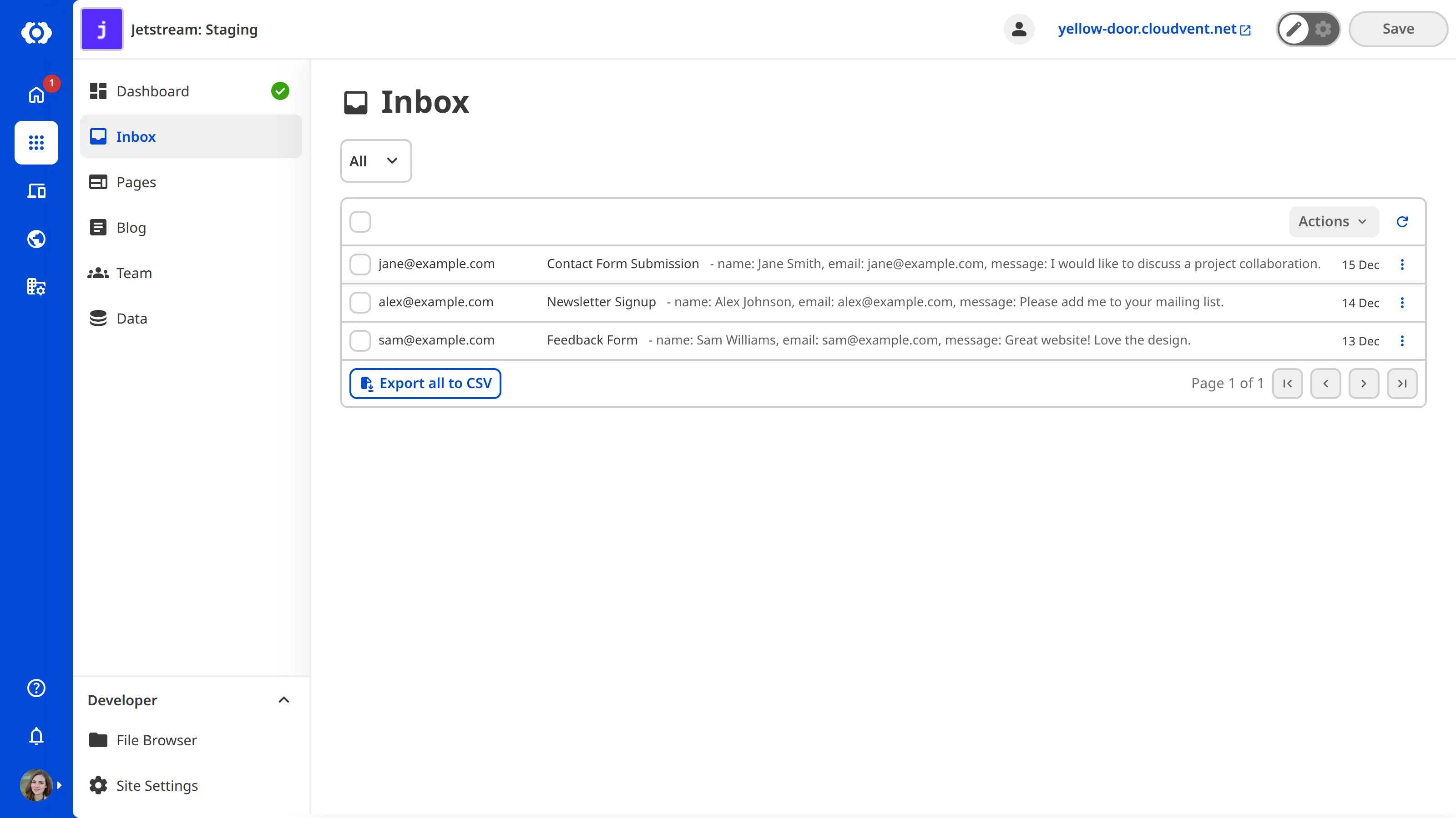 The Inbox A screenshot of the Inbox shows a list of form submissions under the All category, with an Export button at the top.