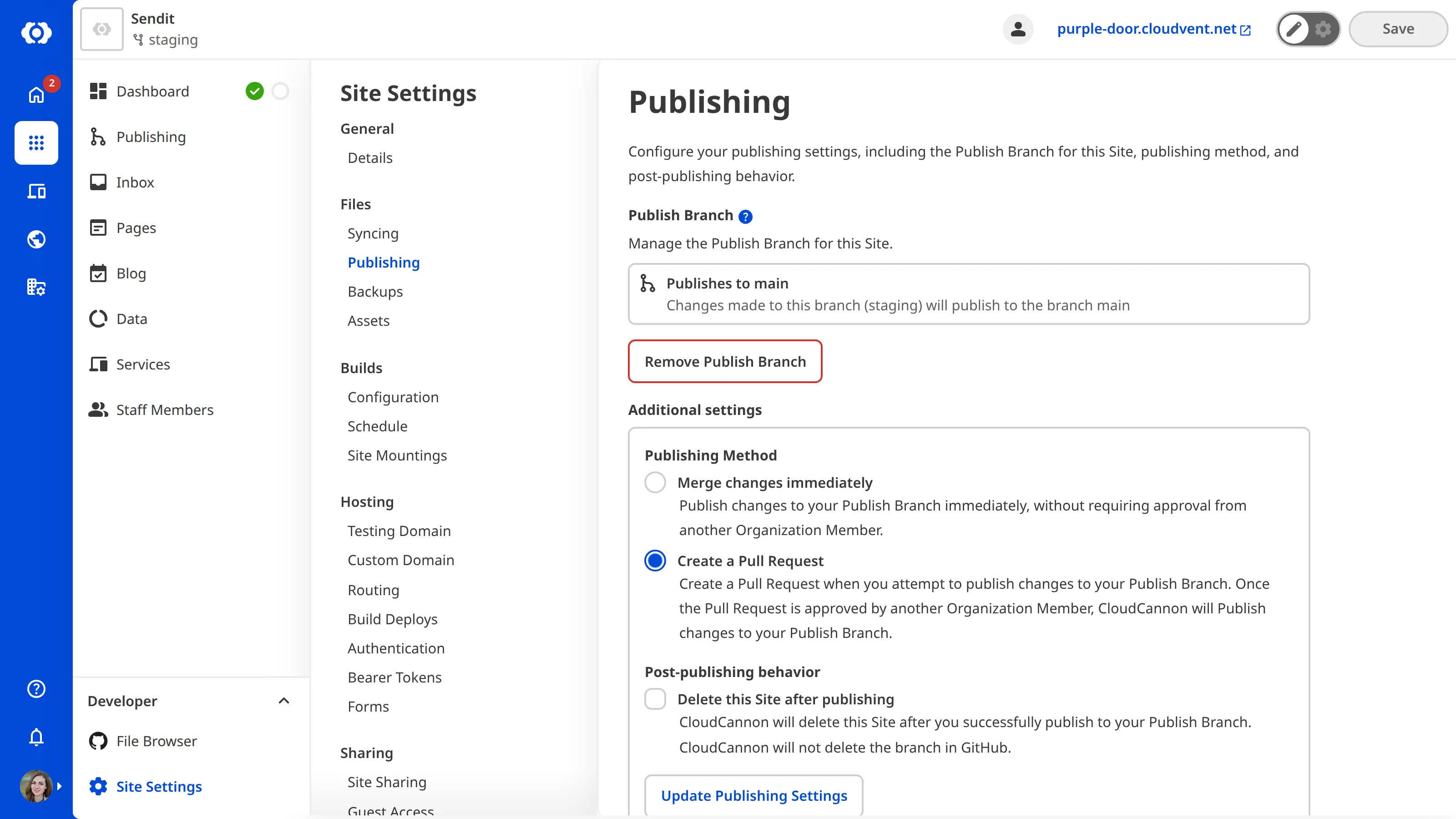The Publishing settings page in CloudCannon, showing the publish branch and merge mode options.