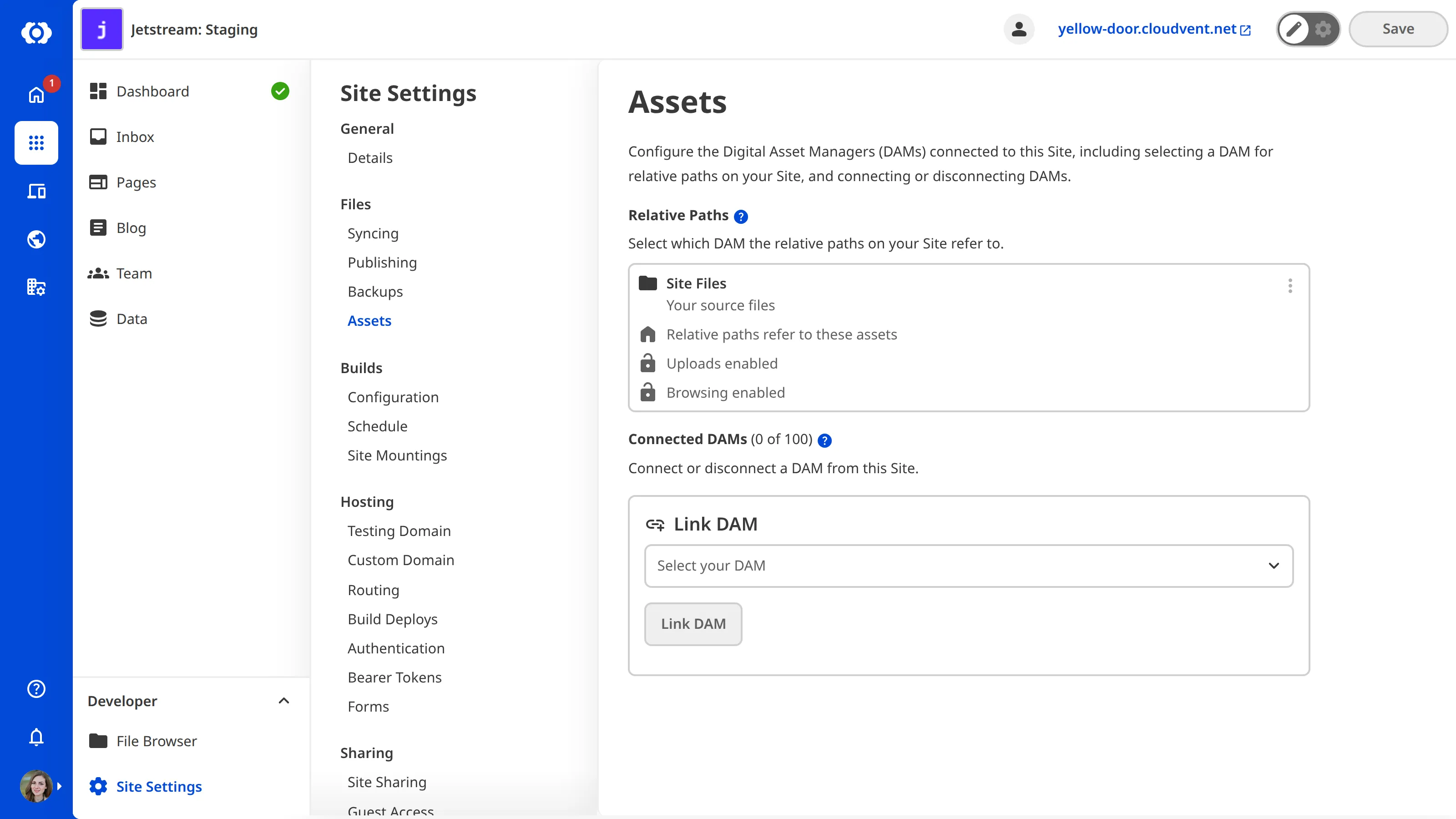 Screenshot of DAMs linked to a site in CloudCannon