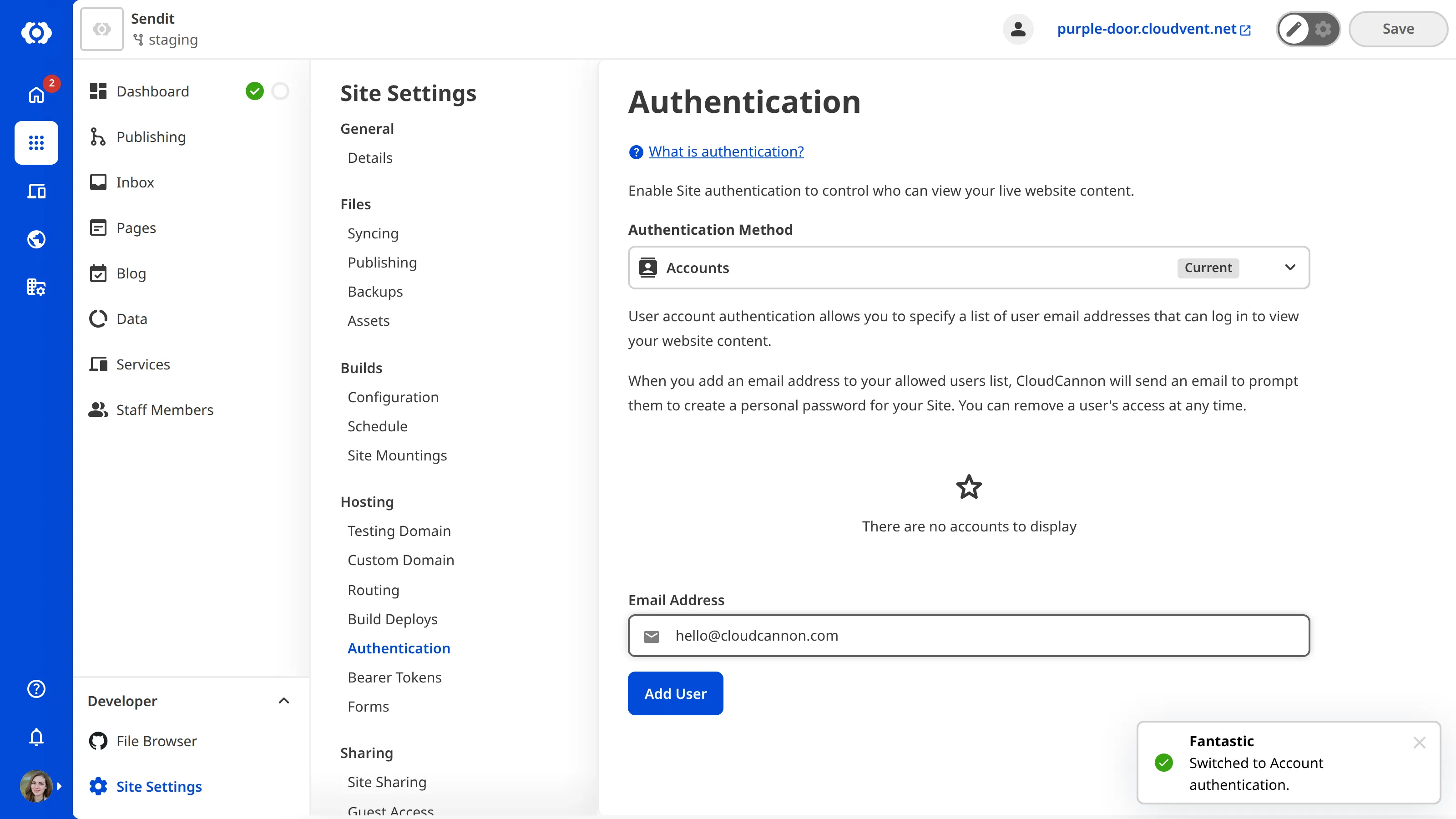 A screenshot of the Authentication page shows a text field where you can enter the email address of the person you want to invite.