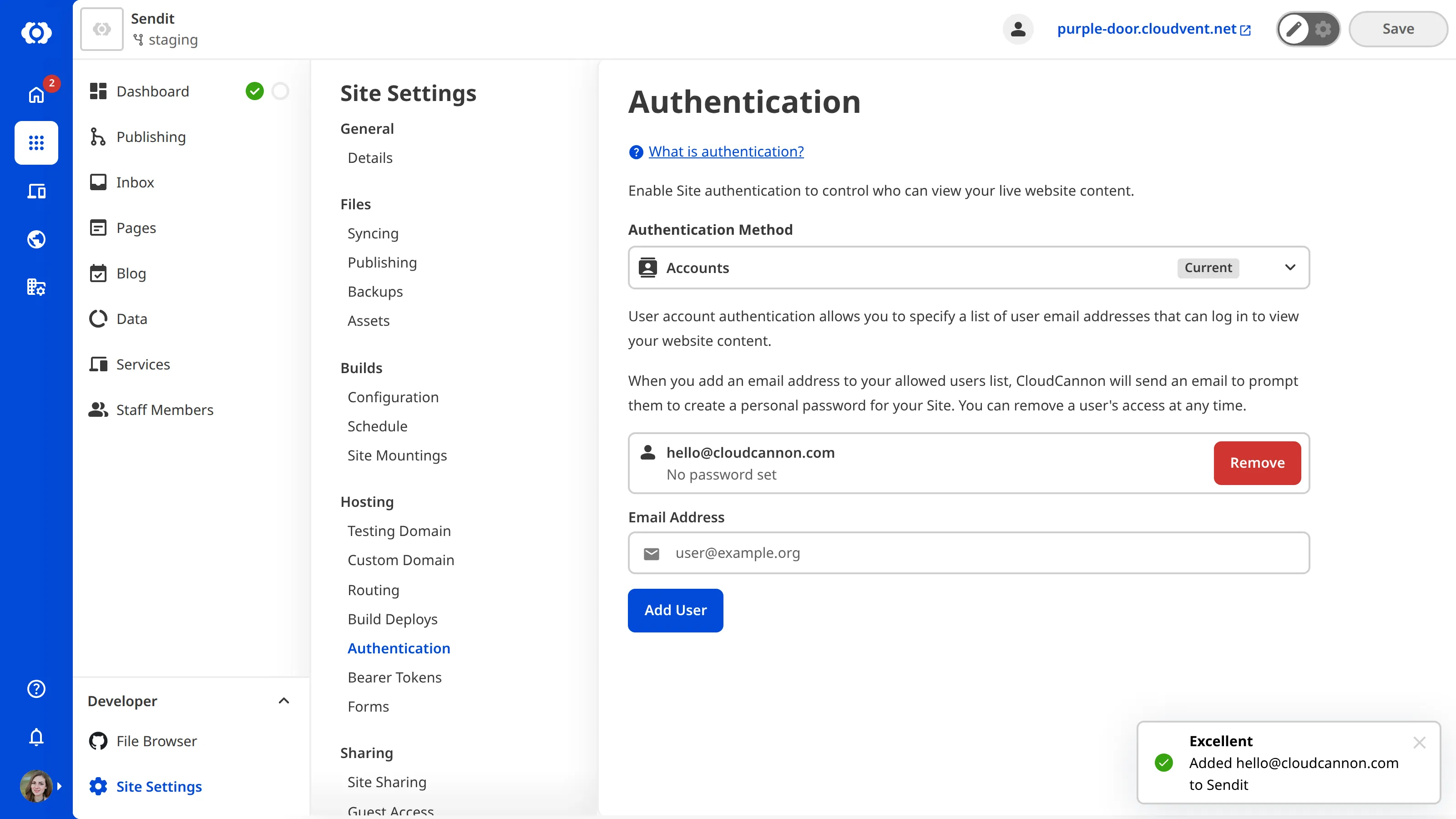 A screenshot of the Authentication page shows a card for each user you have invited to your Site.