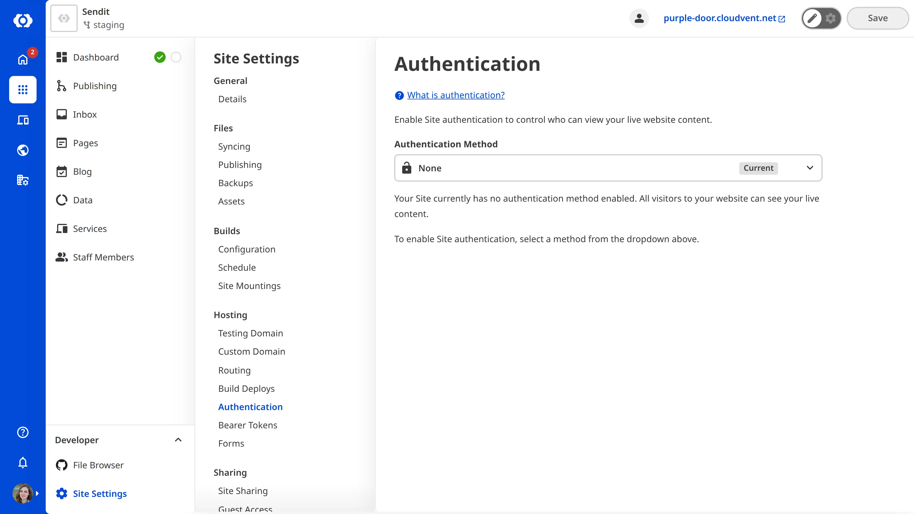 A screenshot of the Authentication page under Site Settings shows that no authentication method has been selected for this site.