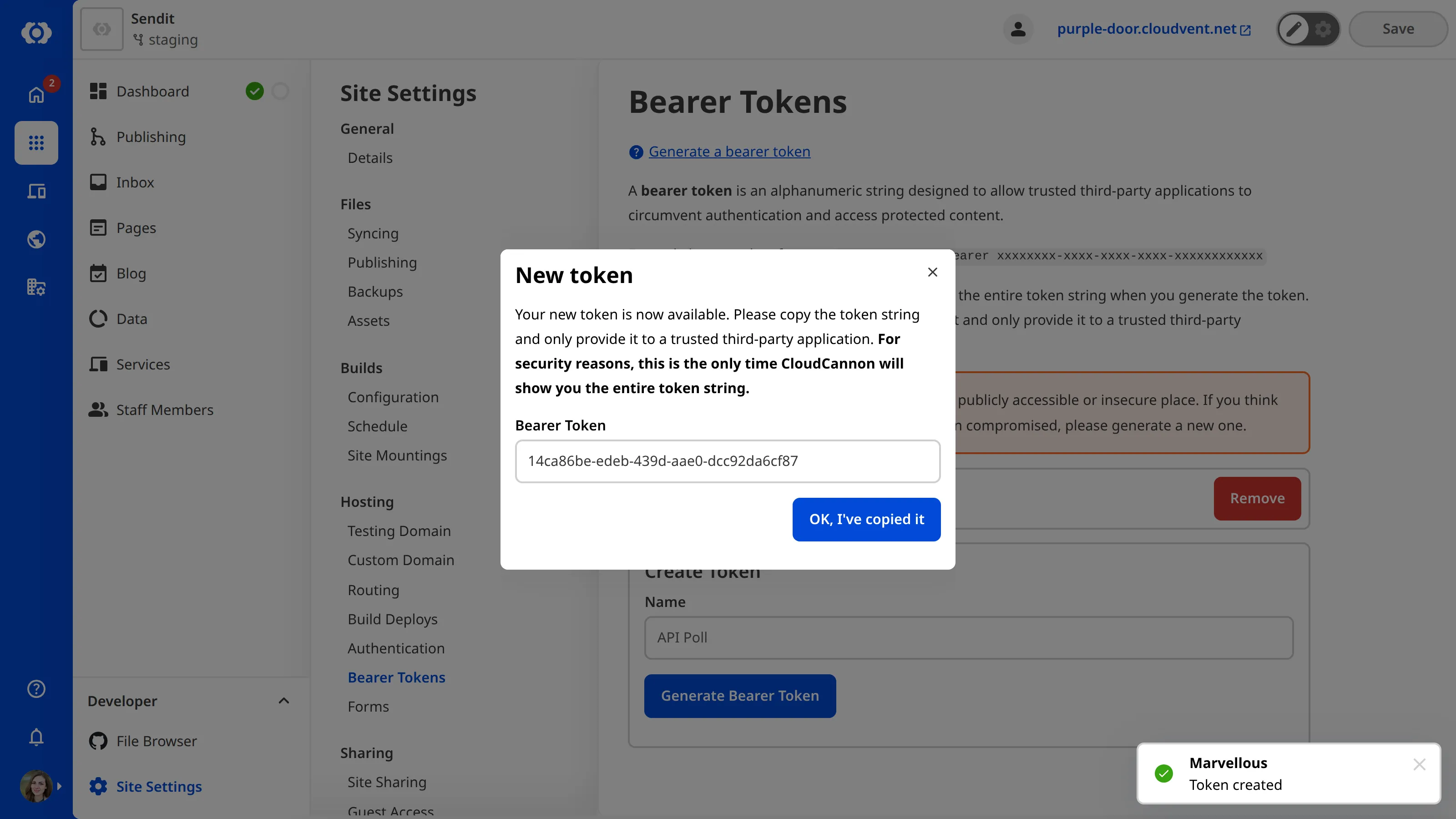 The Bearer Token page A screenshot of the Bearer Token page under Site Settings shows the New Token modal with a bearer token in the text field.