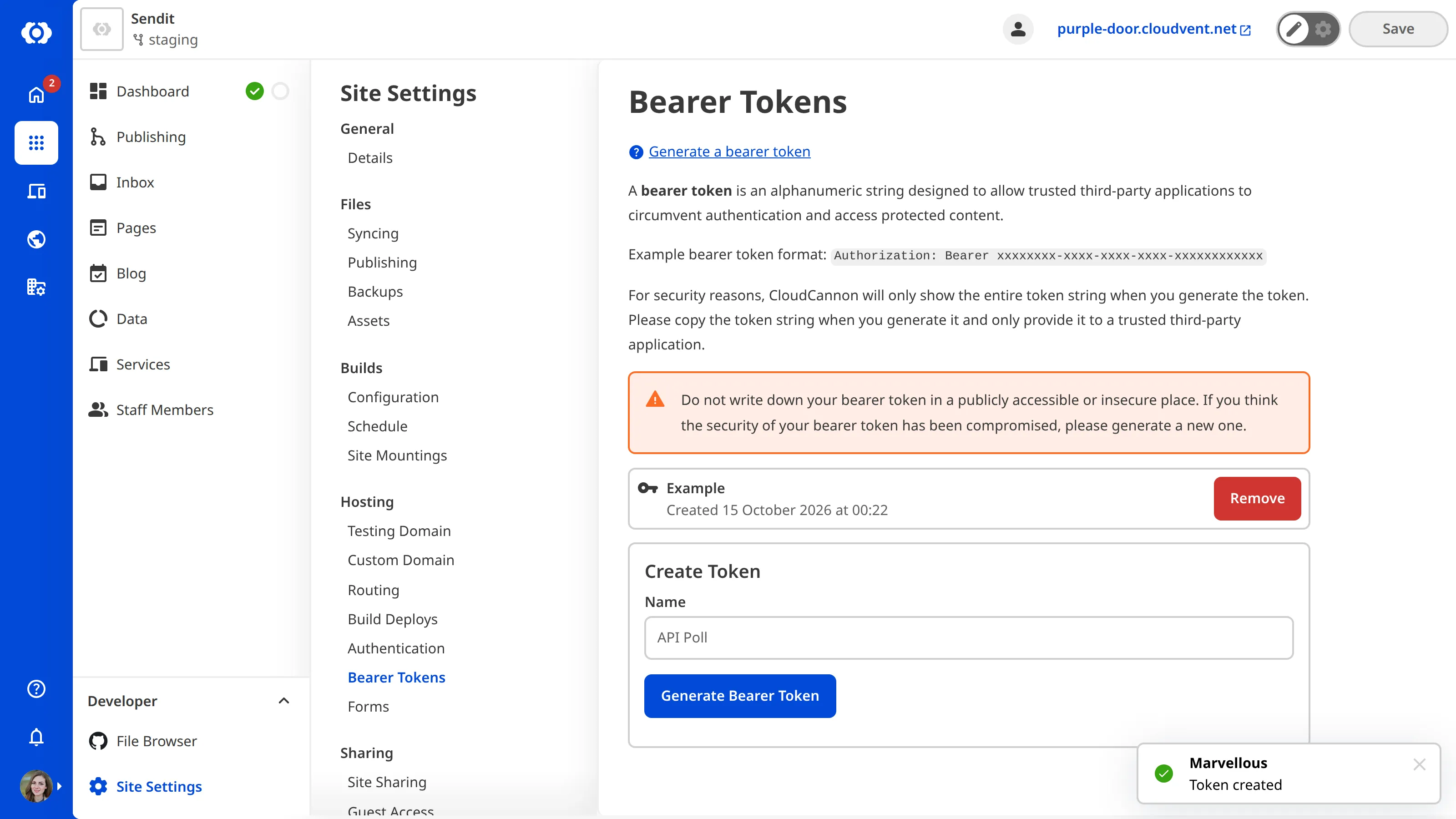 The Bearer Token page A screenshot of the Bearer Token page under Site Settings shows one bearer token has been generated for this Site.