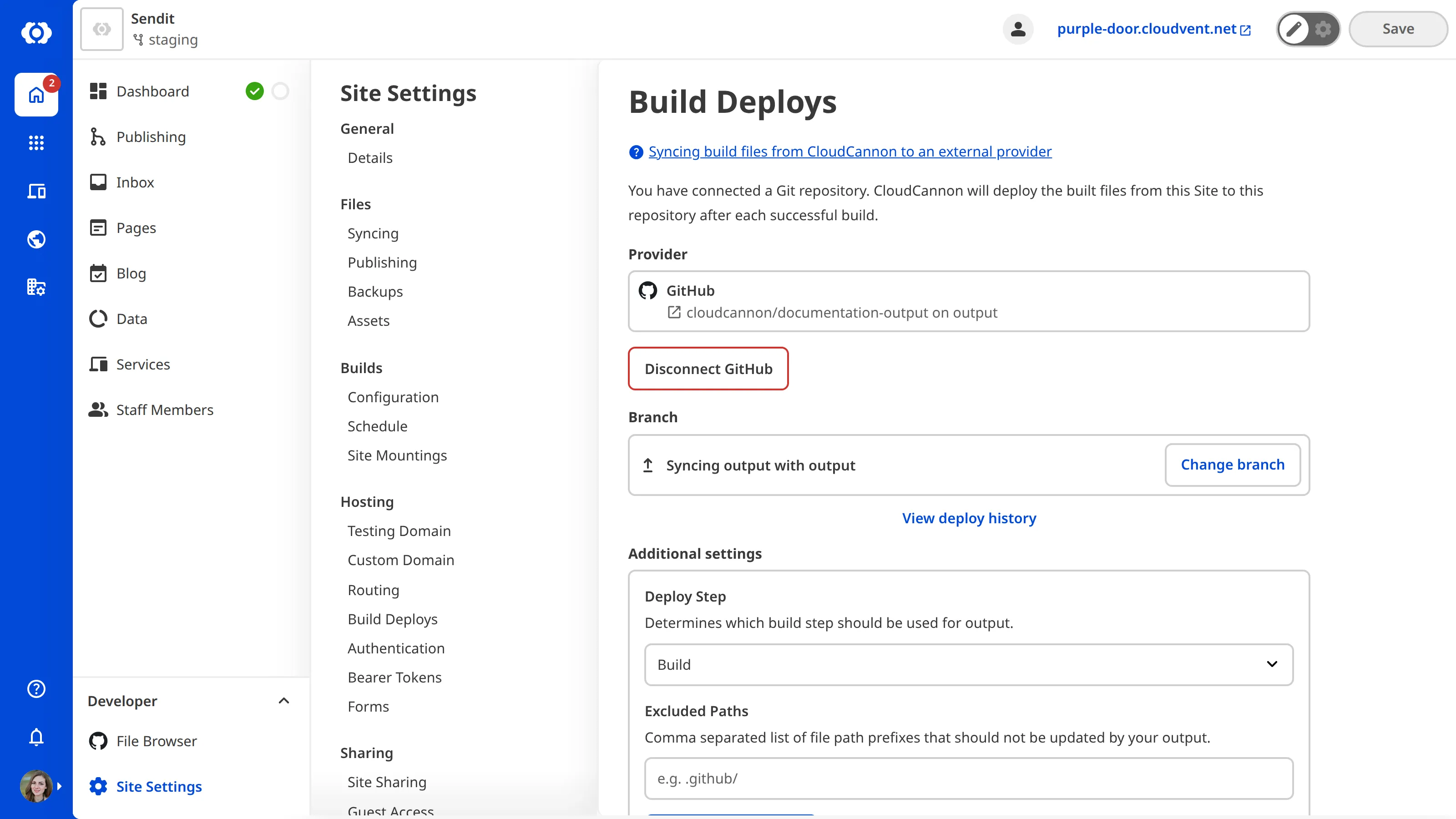 The Build Deploys page shows a GitHub repository connected as the output provider, with options to disconnect, change branch, view deploy history, and configure the deploy step and excluded paths.