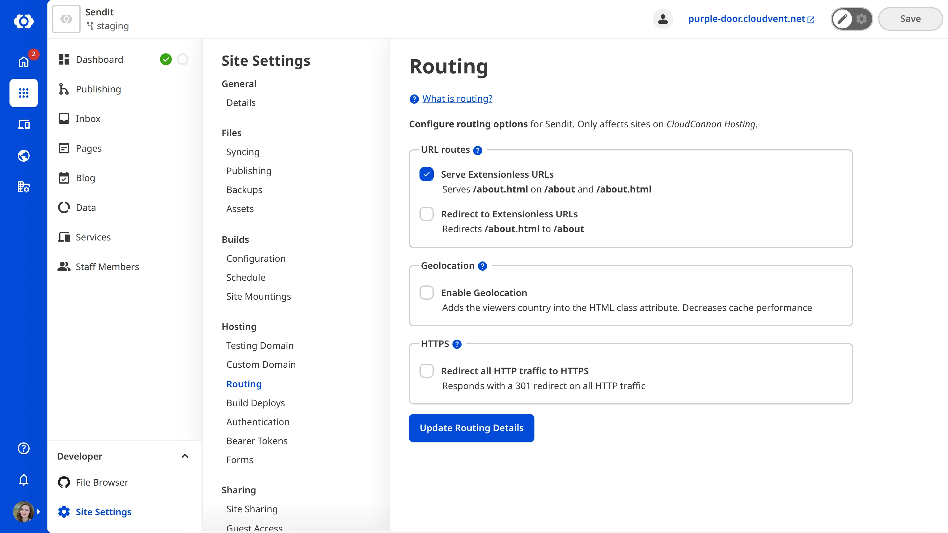 A screenshot of the Routing Page under Site Settings shows the checkboxes for Serve Extensionless URLs and Redirect to Extensionless URLs.