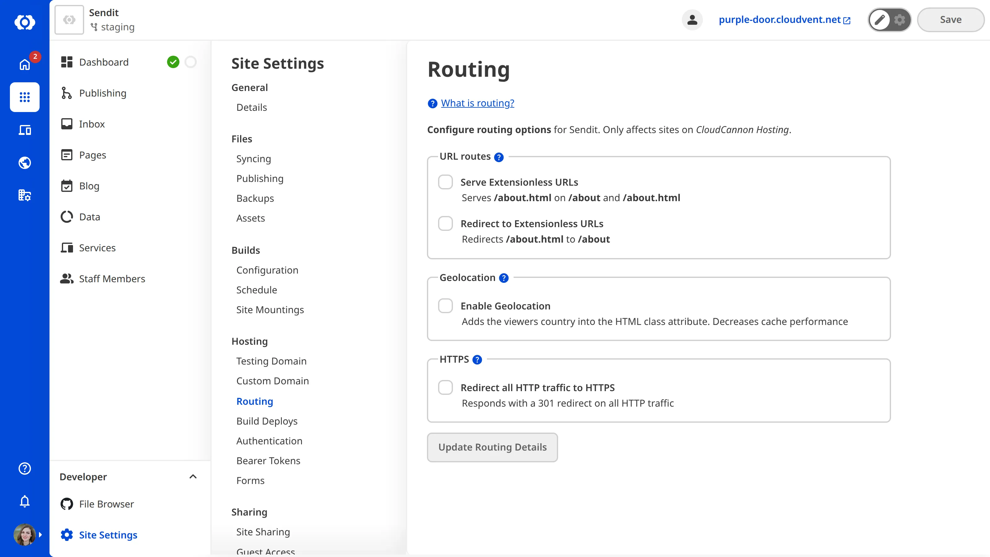 A screenshot of the Routing page shows the Redirect all HTTP traffic to HTTPS checkbox is ticked