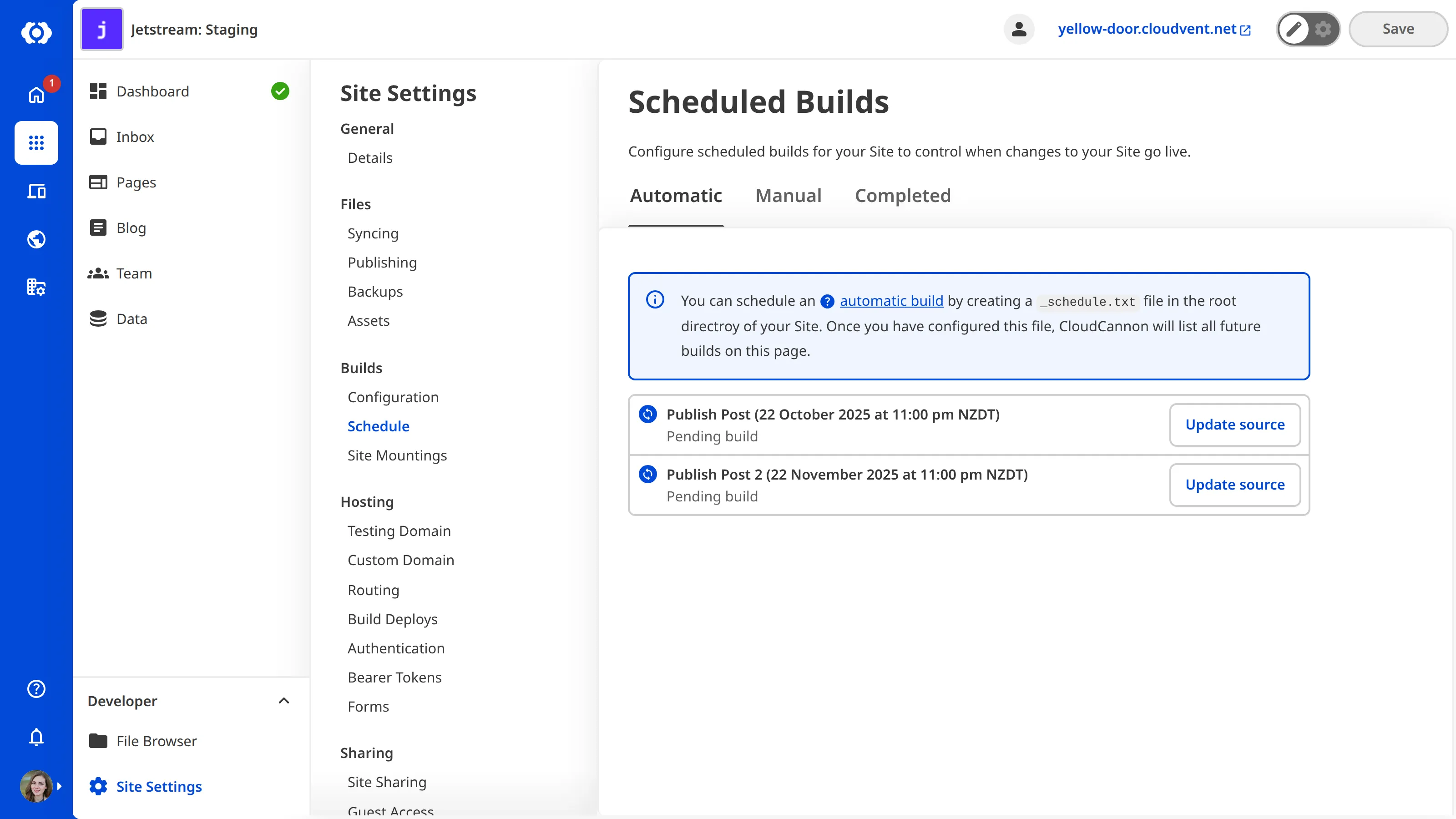 Automatic Builds Schedule interface
