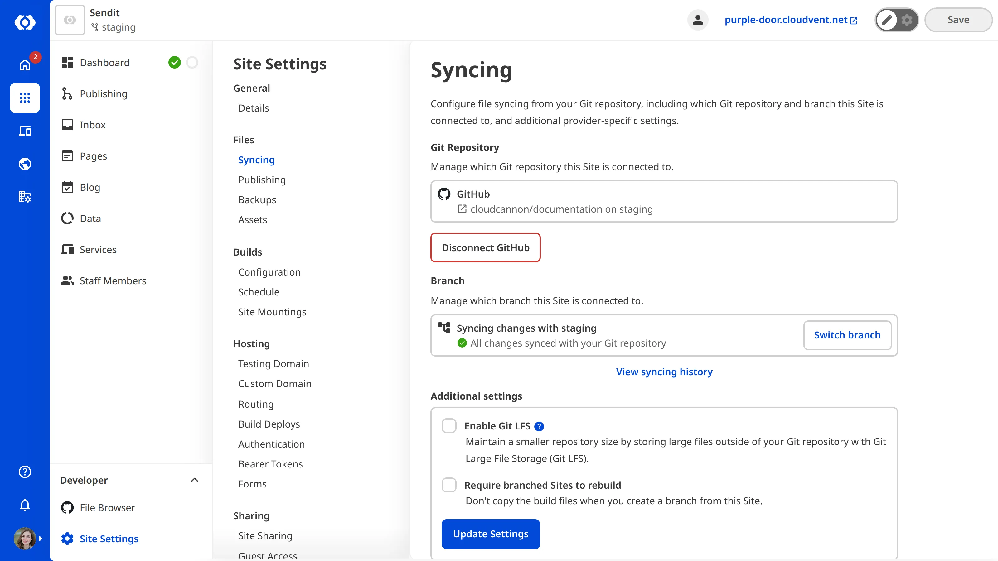 The Syncing page under Site Settings A screenshot of the Syncing page under Site Settings shows the Enable Git LFS checkbox and the Update Settings button under the Additional settings heading.