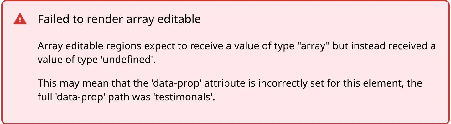 A screenshot of an Error Card in the Visual Editor shows a message headed Failed to render array editable, explaining that the region received a value of type undefined instead of an array.