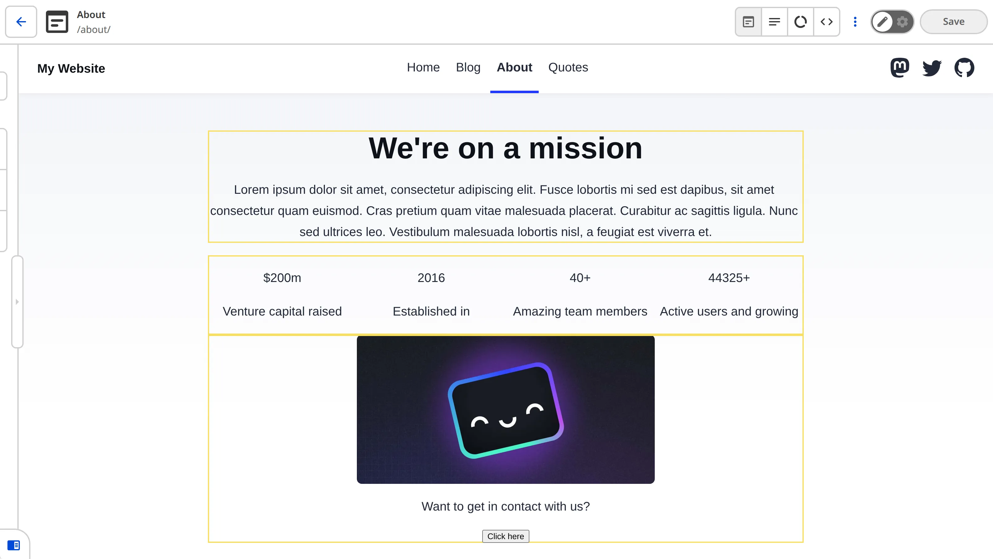 A screenshot of the Visual Editor shows yellow Editable Region boxes around each of the three content blocks on the About webpage.